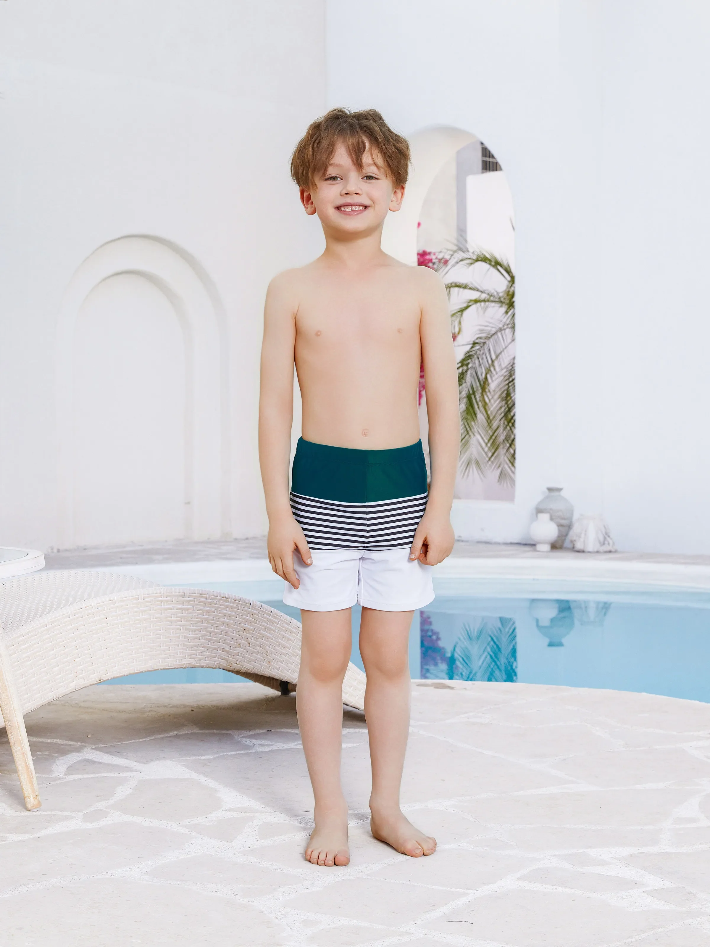 Family Matching Colorblock One Shoulder Cut Out One-piece Swimsuit and Striped Spliced Swim Trunks Shorts DeepTurquoise - Image 13