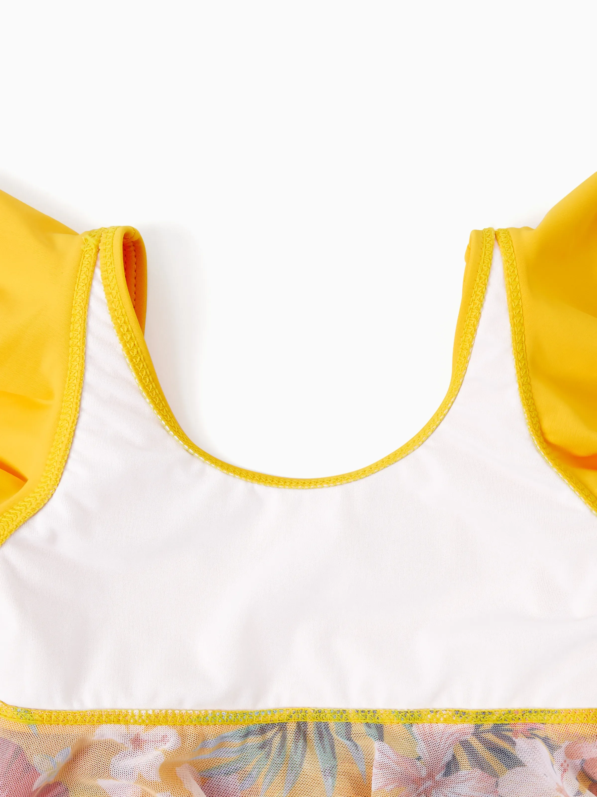 Family Matching Floral Drawstring Swim Trunks or Flowy Spliced Mesh Swim Dress with Triangle Swim Bottom Yellow - Image 10