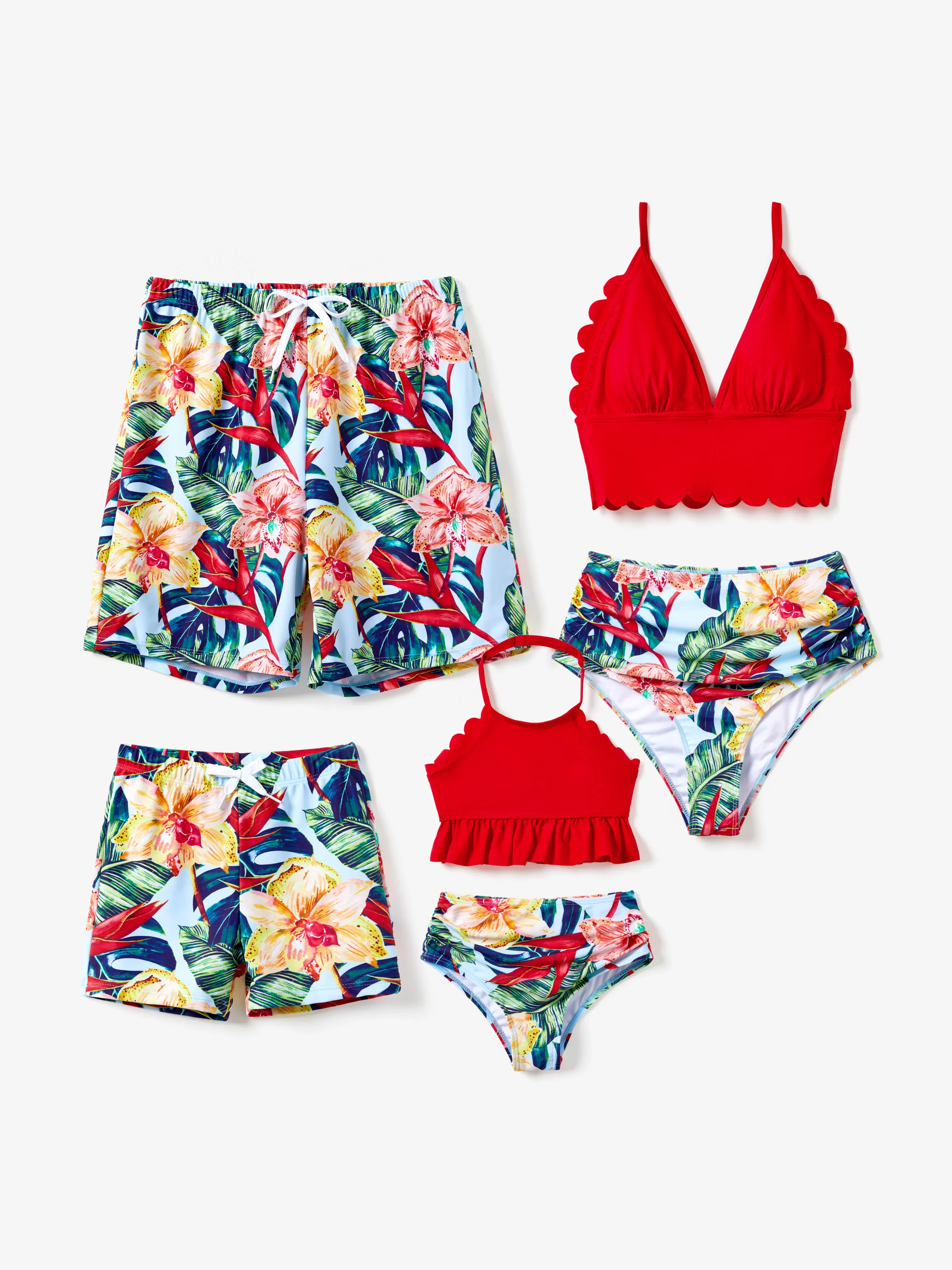 Family Matching Floral Drawstring Swim Trunks or Ruched Shell Edge Bikini with Optional Swim Cover Up Red - Image 2