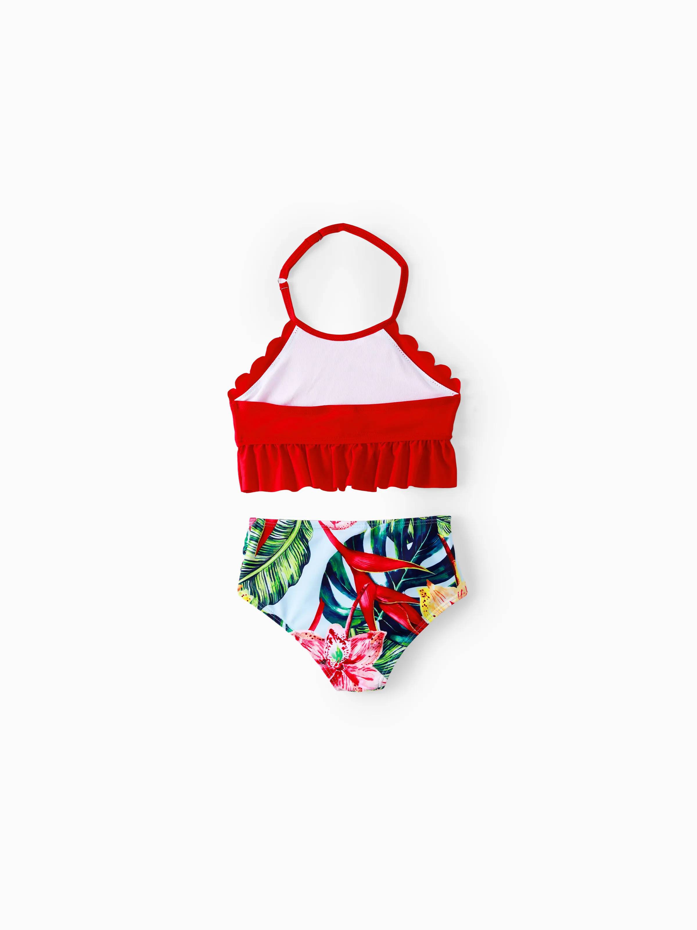 Family Matching Floral Drawstring Swim Trunks or Ruched Shell Edge Bikini with Optional Swim Cover Up Red - Image 9