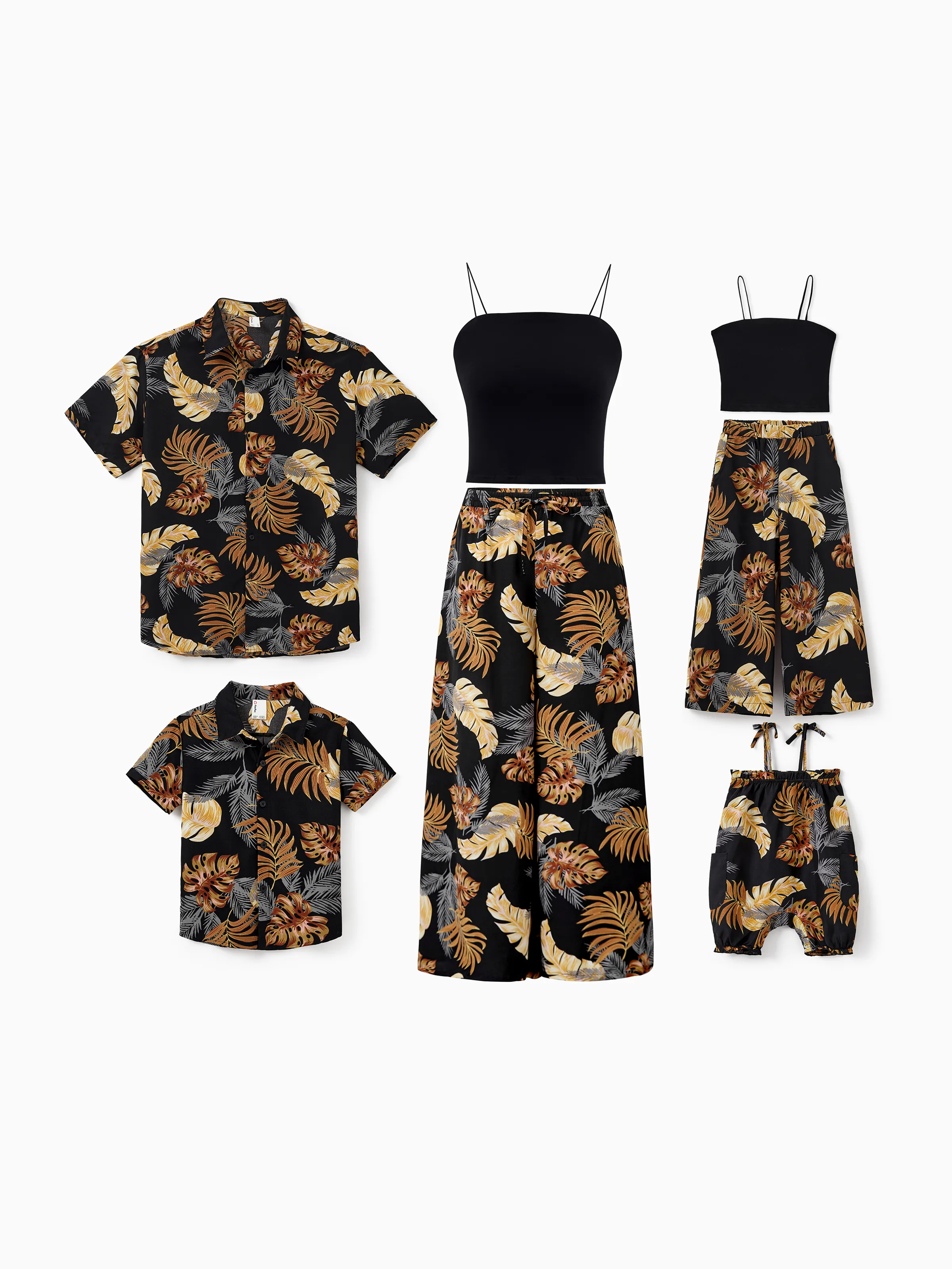Family Matching Floral Print Beach Wear Short-sleeve Shirt or Camisole top and Wide-Leg Pants Set for Summer Vacation Family Looks Black+White - Image 2