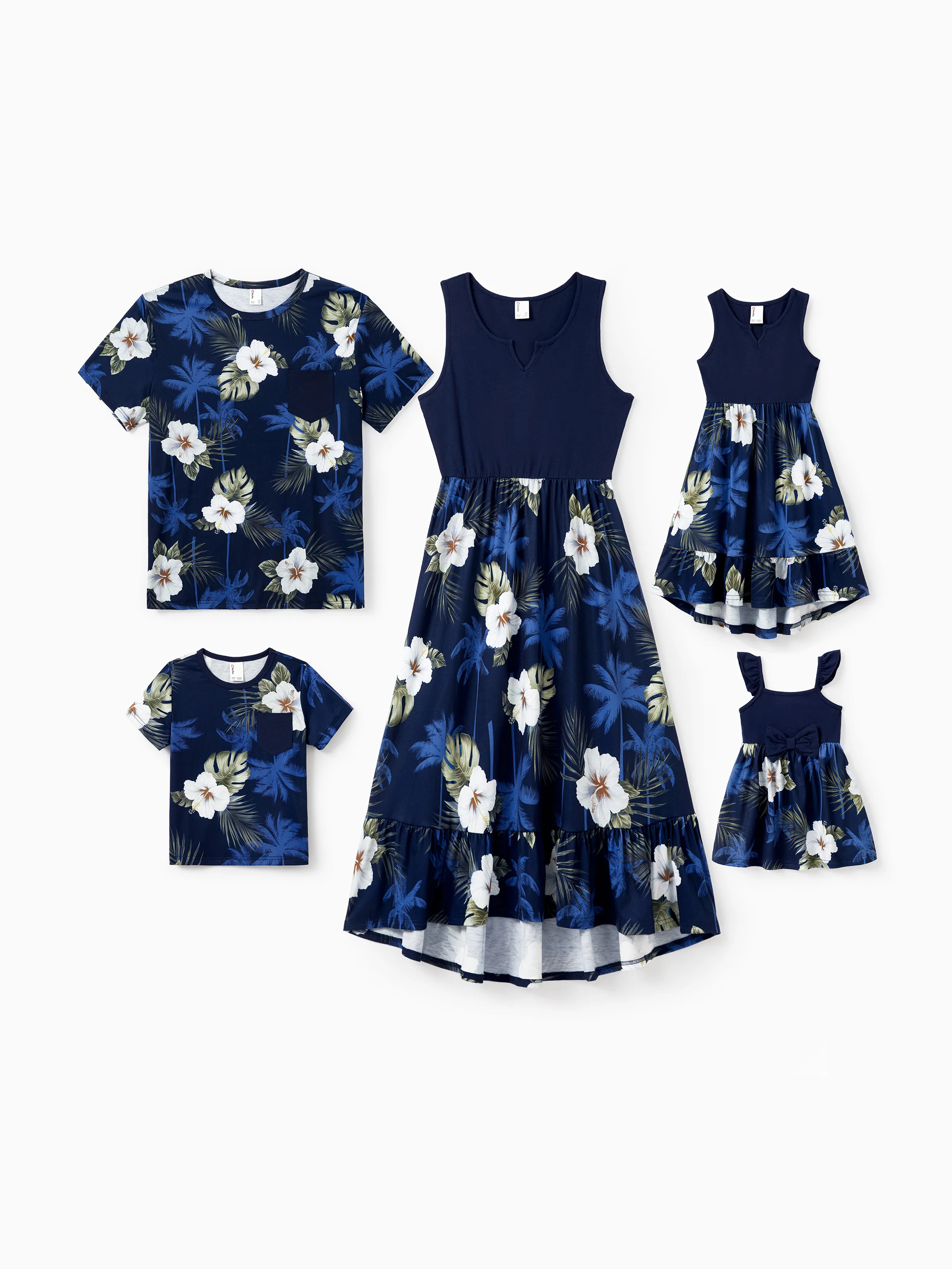 Family Matching Floral Print Cotton Top Short-sleeve Shirt or Splicing Sleeveless Tank Dress Deep Blue