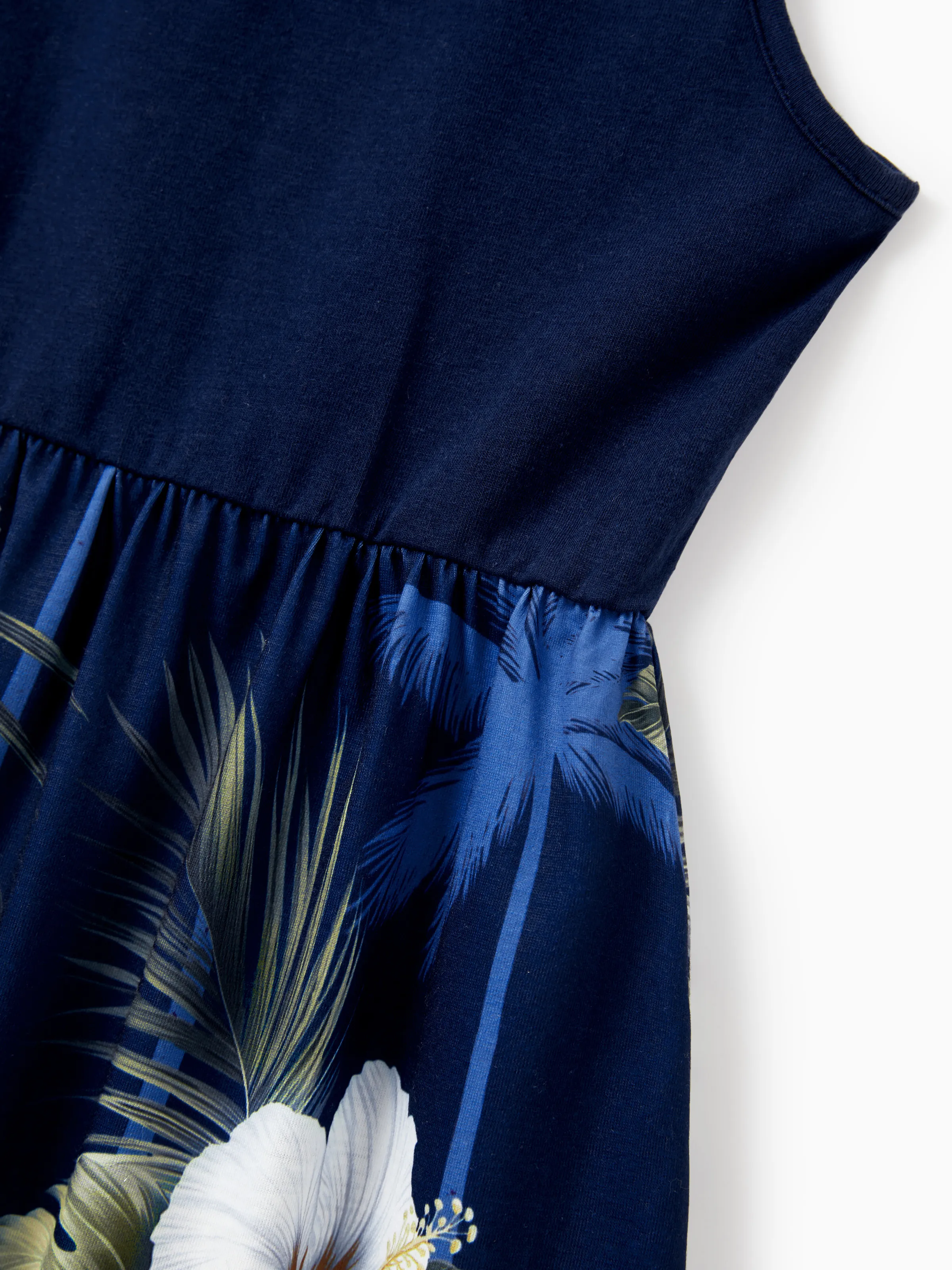 Family Matching Floral Print Cotton Top Short-sleeve Shirt or Splicing Sleeveless Tank Dress Deep Blue - Image 10