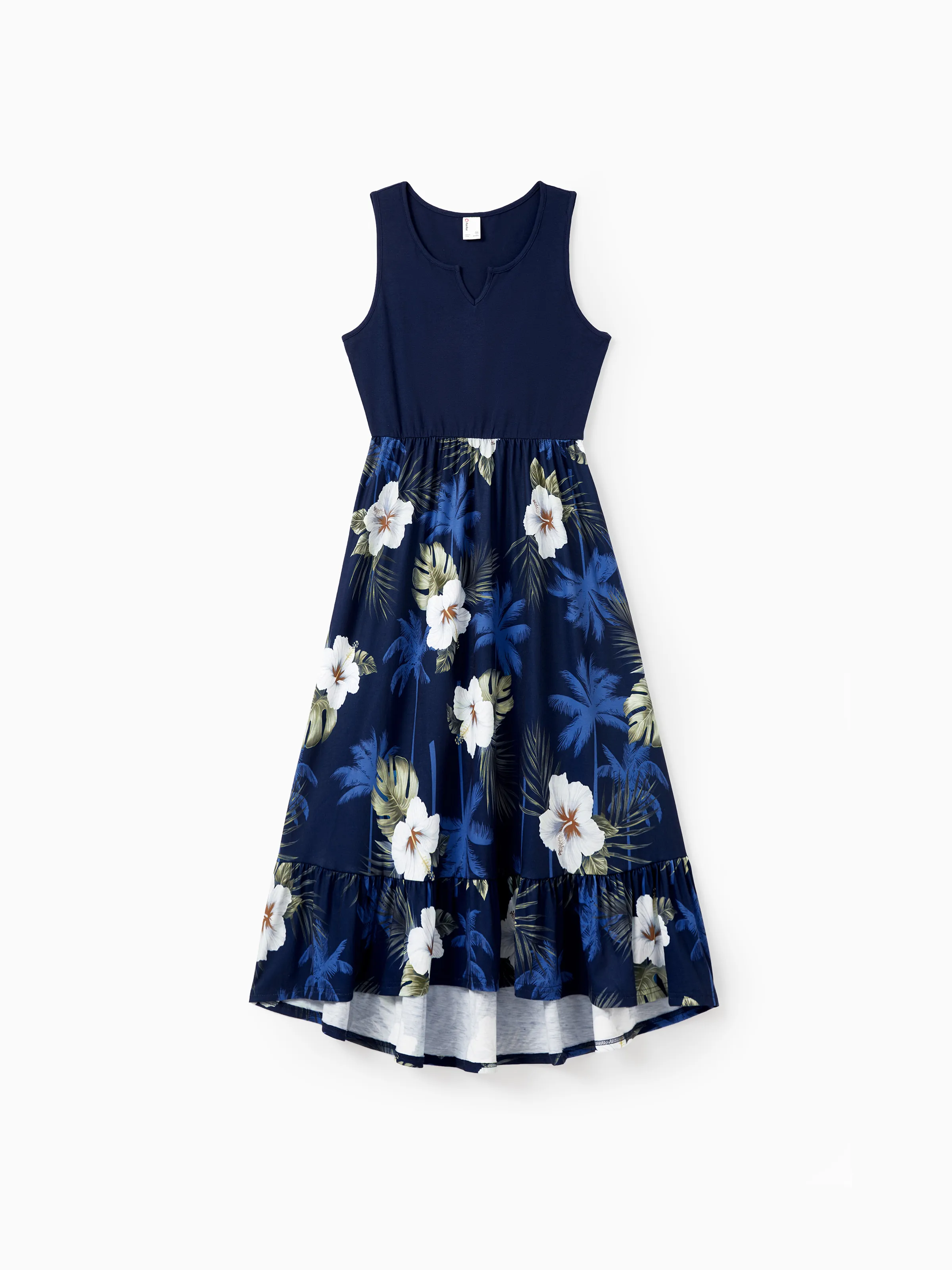 Family Matching Floral Print Cotton Top Short-sleeve Shirt or Splicing Sleeveless Tank Dress Deep Blue - Image 2
