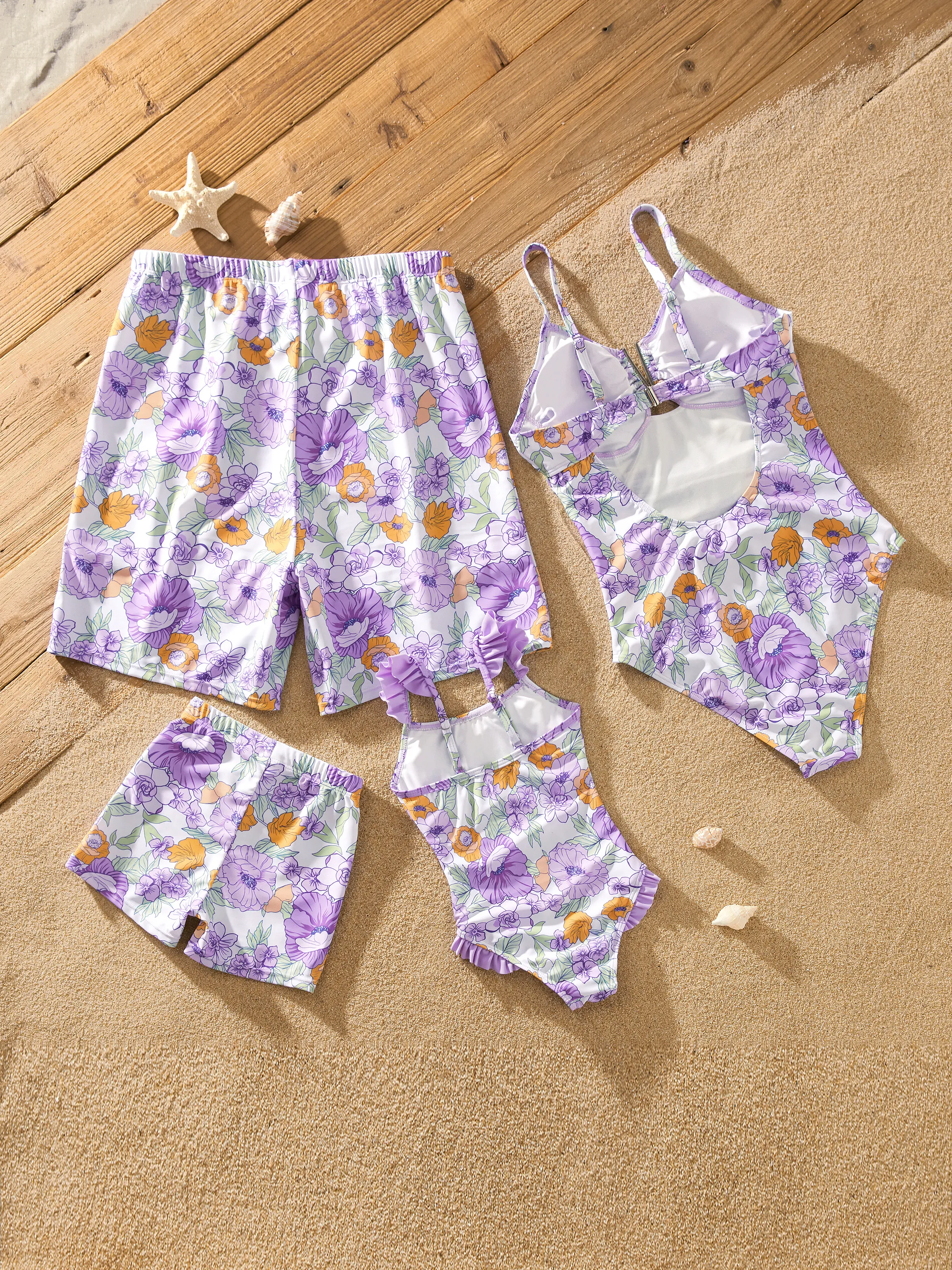 Family Matching Floral Print Swimsuits Ruffled One-Piece Bathing Suit & Swim Trunks Set Purple - Image 3