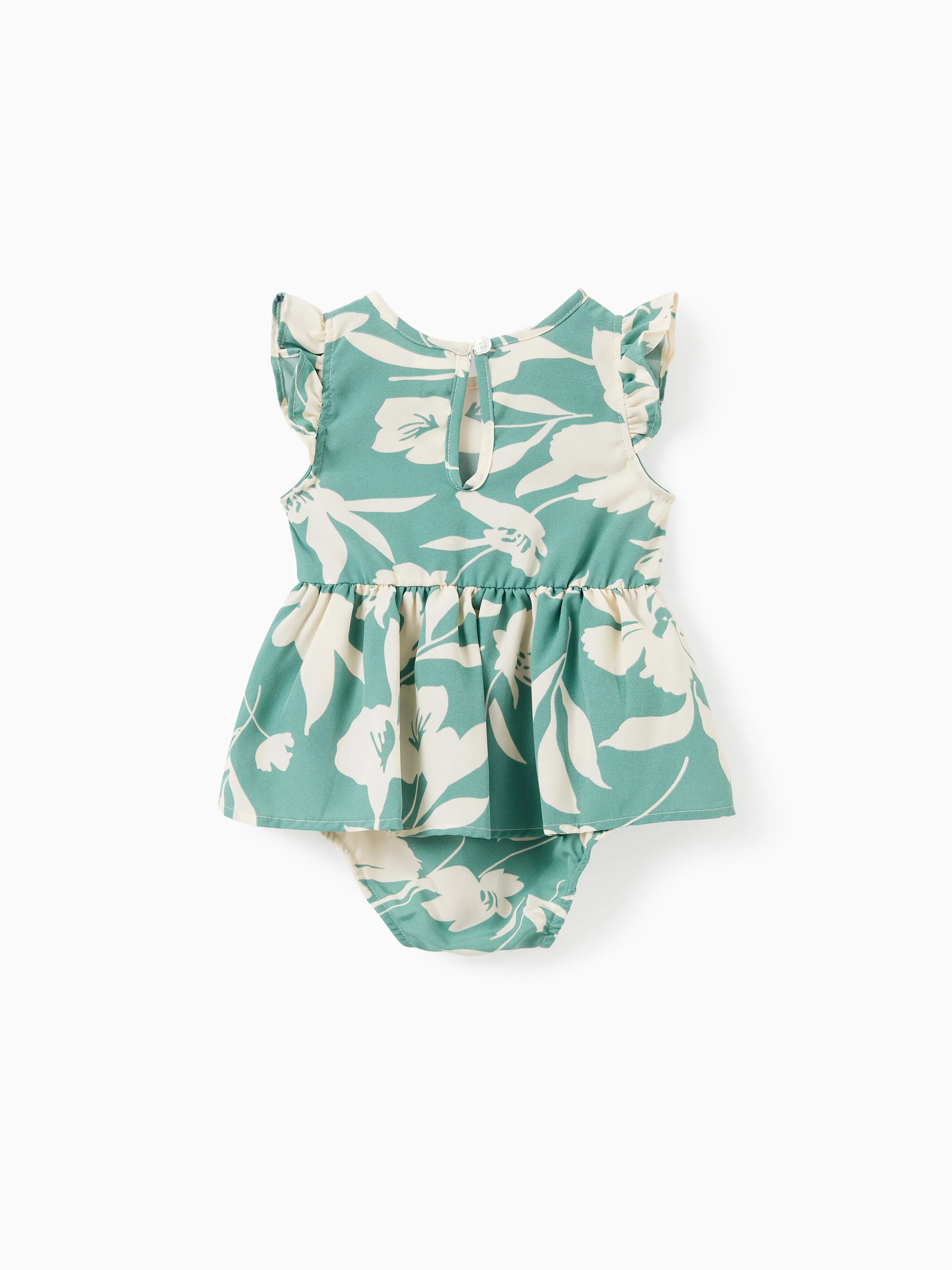 Family Matching Leaf Print Green Short-sleeve Shirt or Sling Shirred Dress Set Green - Image 13