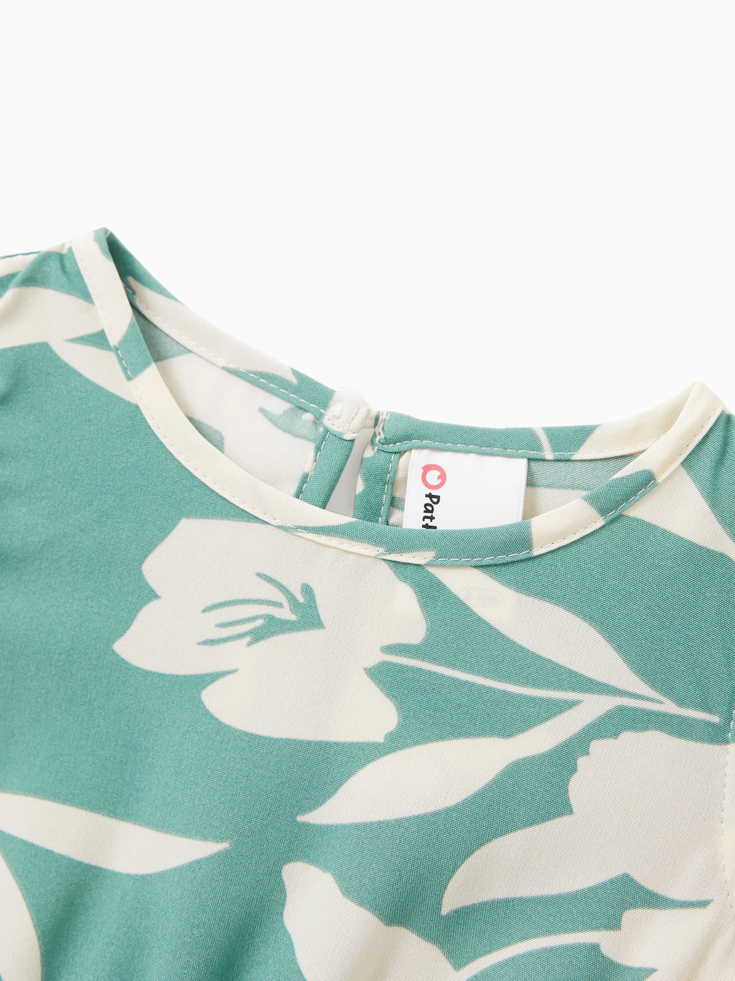 Family Matching Leaf Print Green Short-sleeve Shirt or Sling Shirred Dress Set Green - Image 16