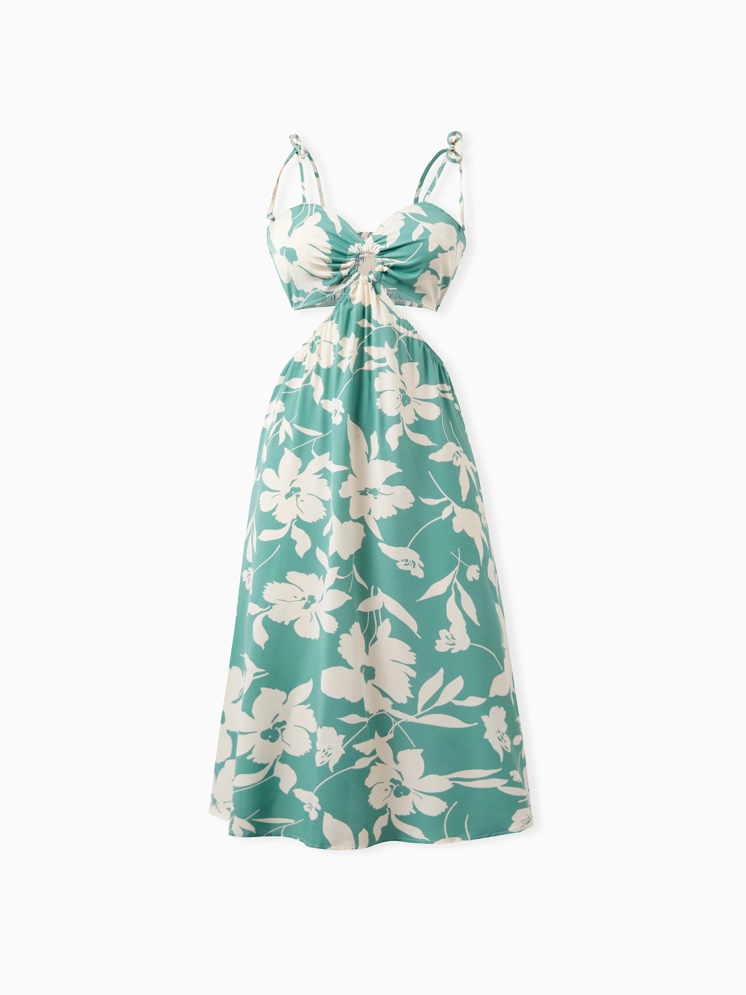Family Matching Leaf Print Green Short-sleeve Shirt or Sling Shirred Dress Set Green - Image 2