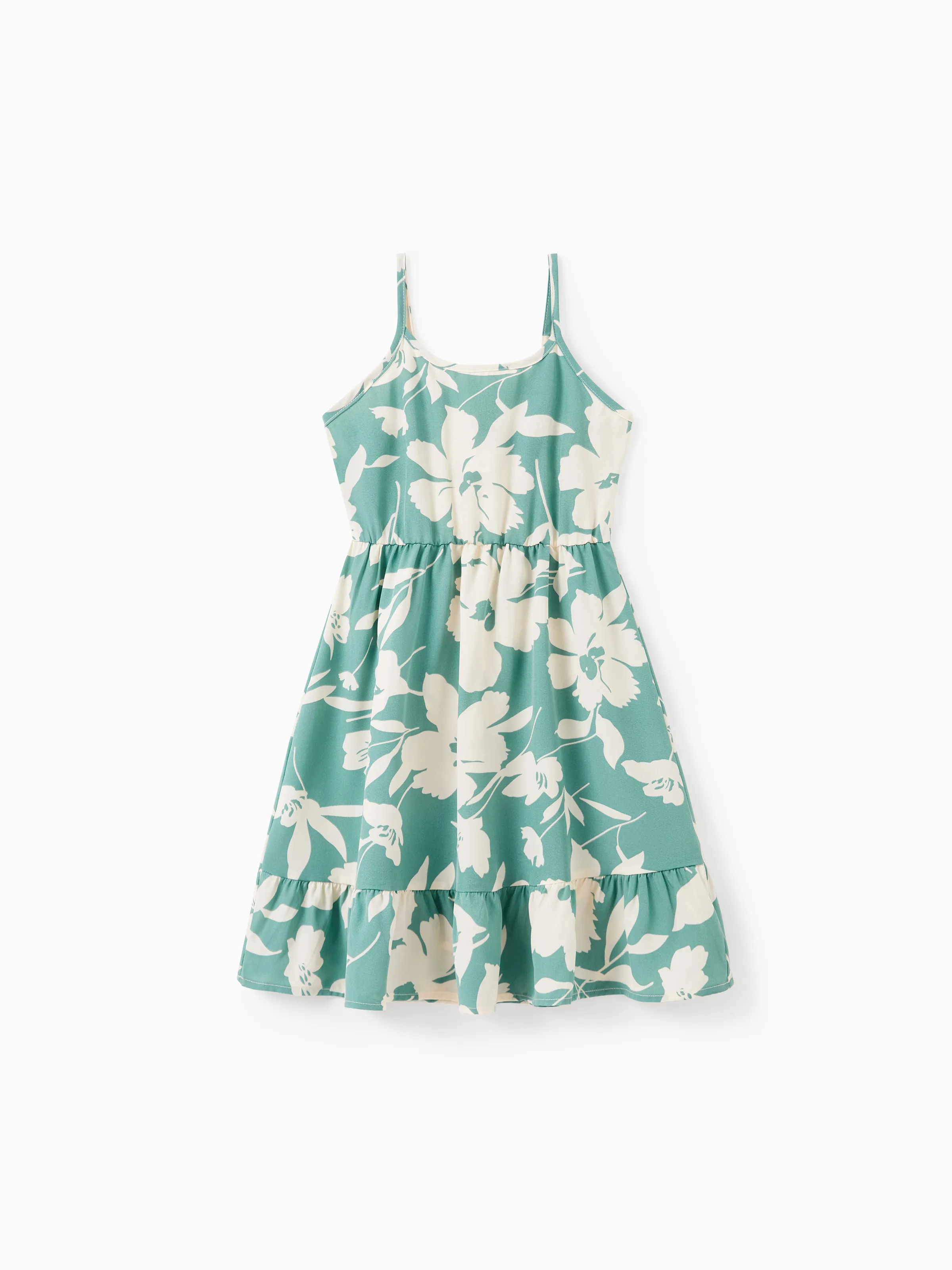 Family Matching Leaf Print Green Short-sleeve Shirt or Sling Shirred Dress Set Green - Image 7
