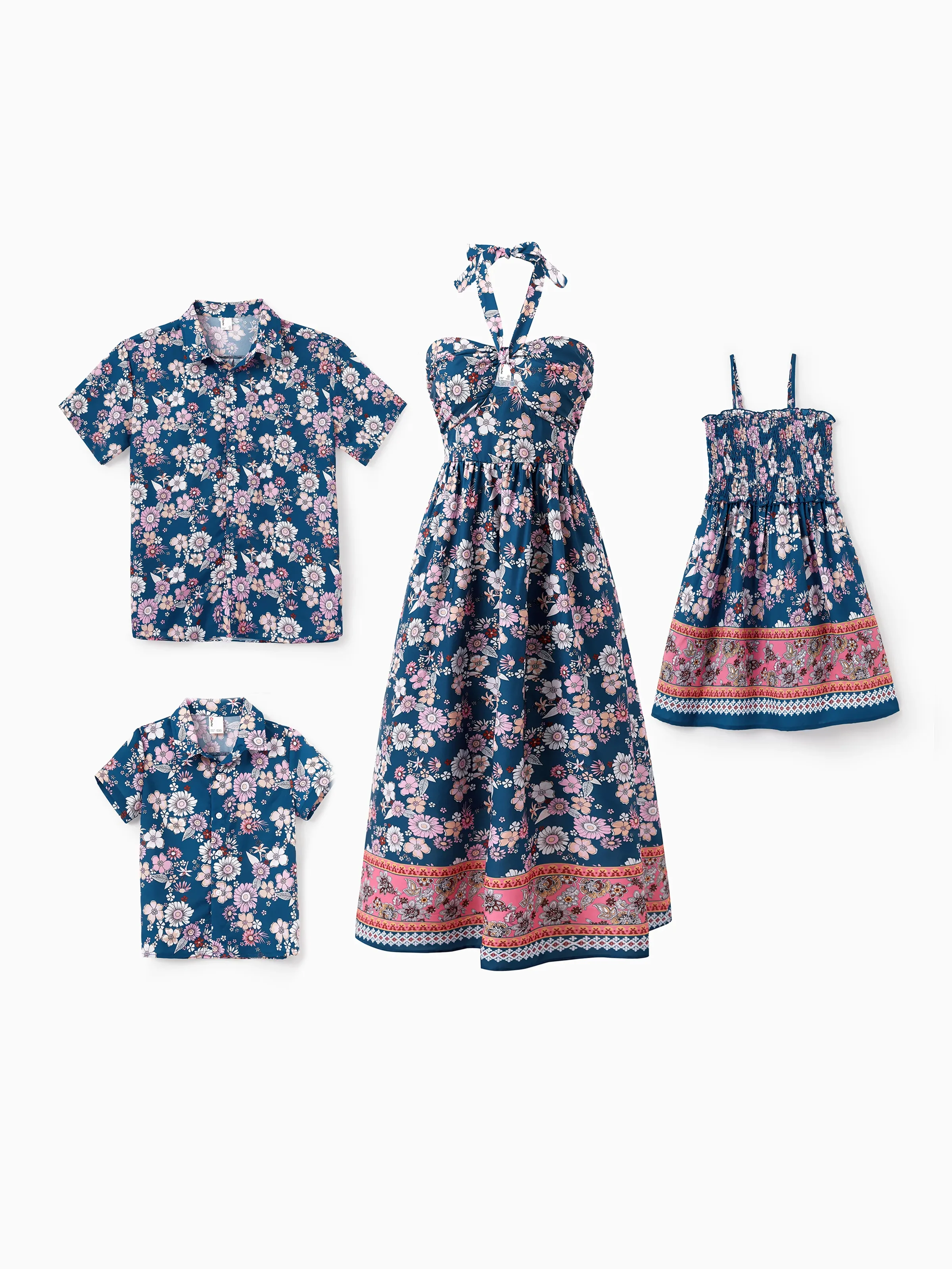 Family matching outfits Floral Allover Print Short-sleeve Collar Shirt or Halter Sleeveless Dress for Summer Vacation CYAN-