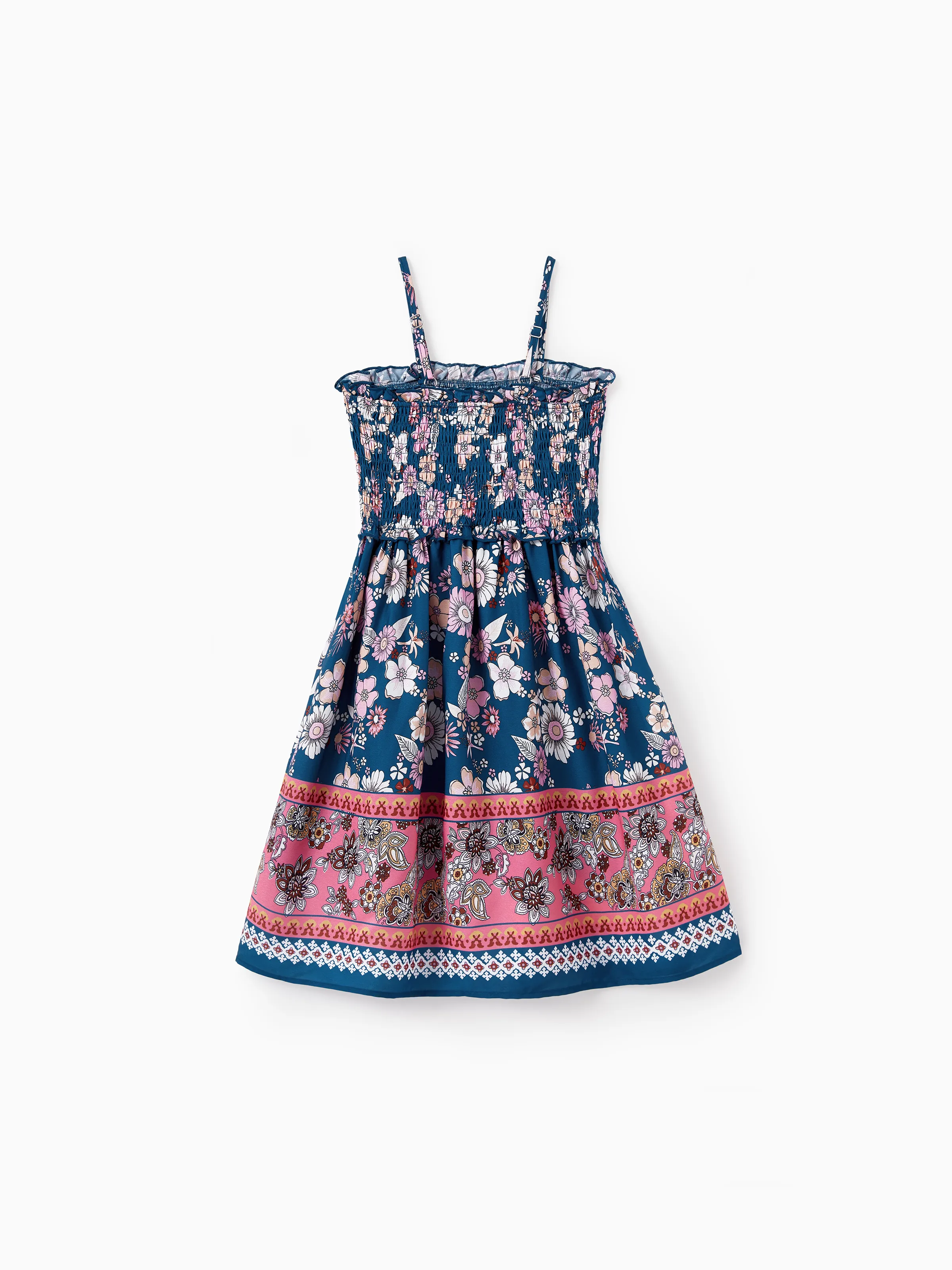 Family matching outfits Floral Allover Print Short-sleeve Collar Shirt or Halter Sleeveless Dress for Summer Vacation CYAN- - Image 8