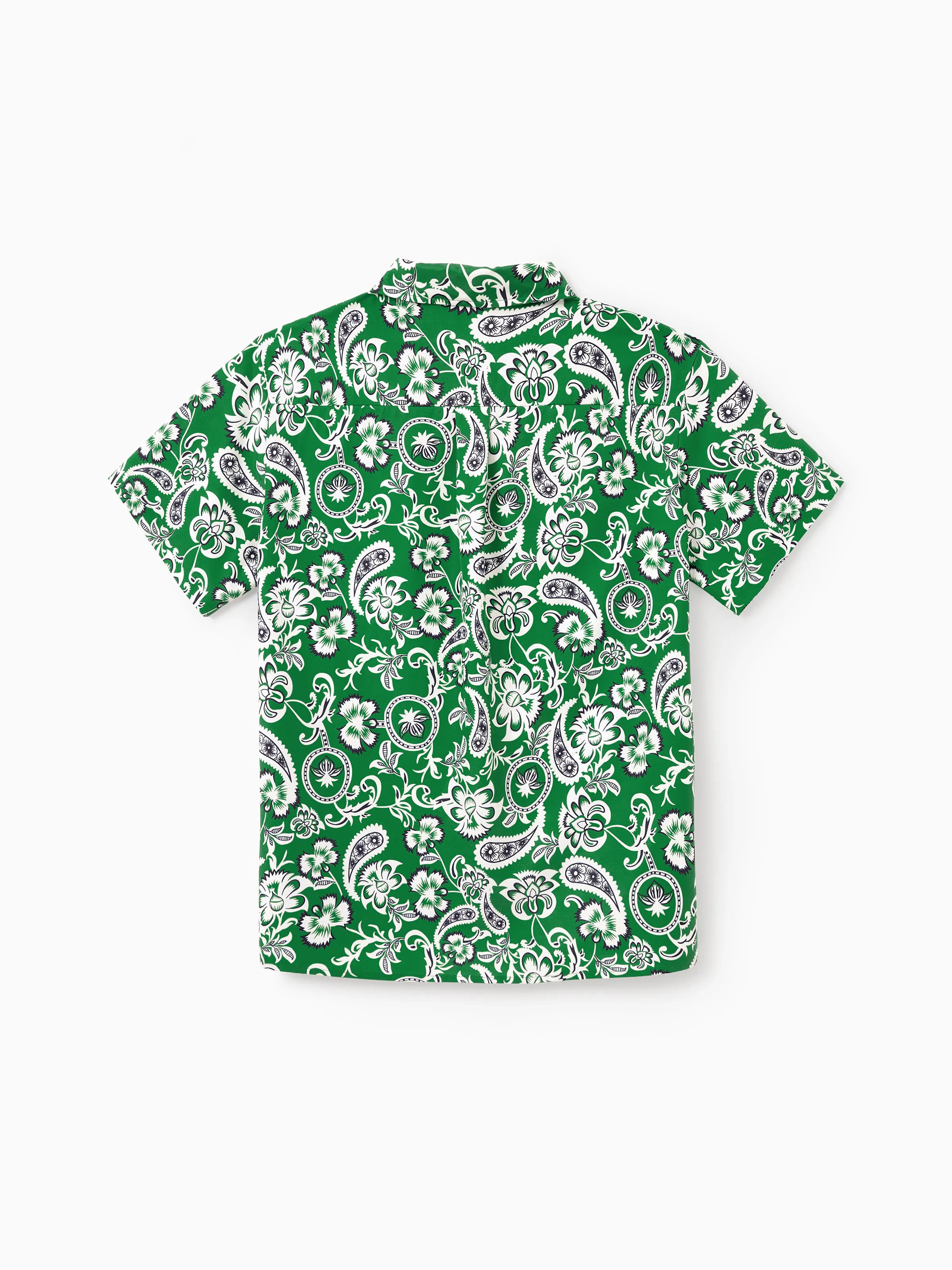 Family Matching Outfits Set Floral Print Short-sleeve Collar Shirt or Strappy Smocked  Dress for Summer Vacation  Green - Image 32