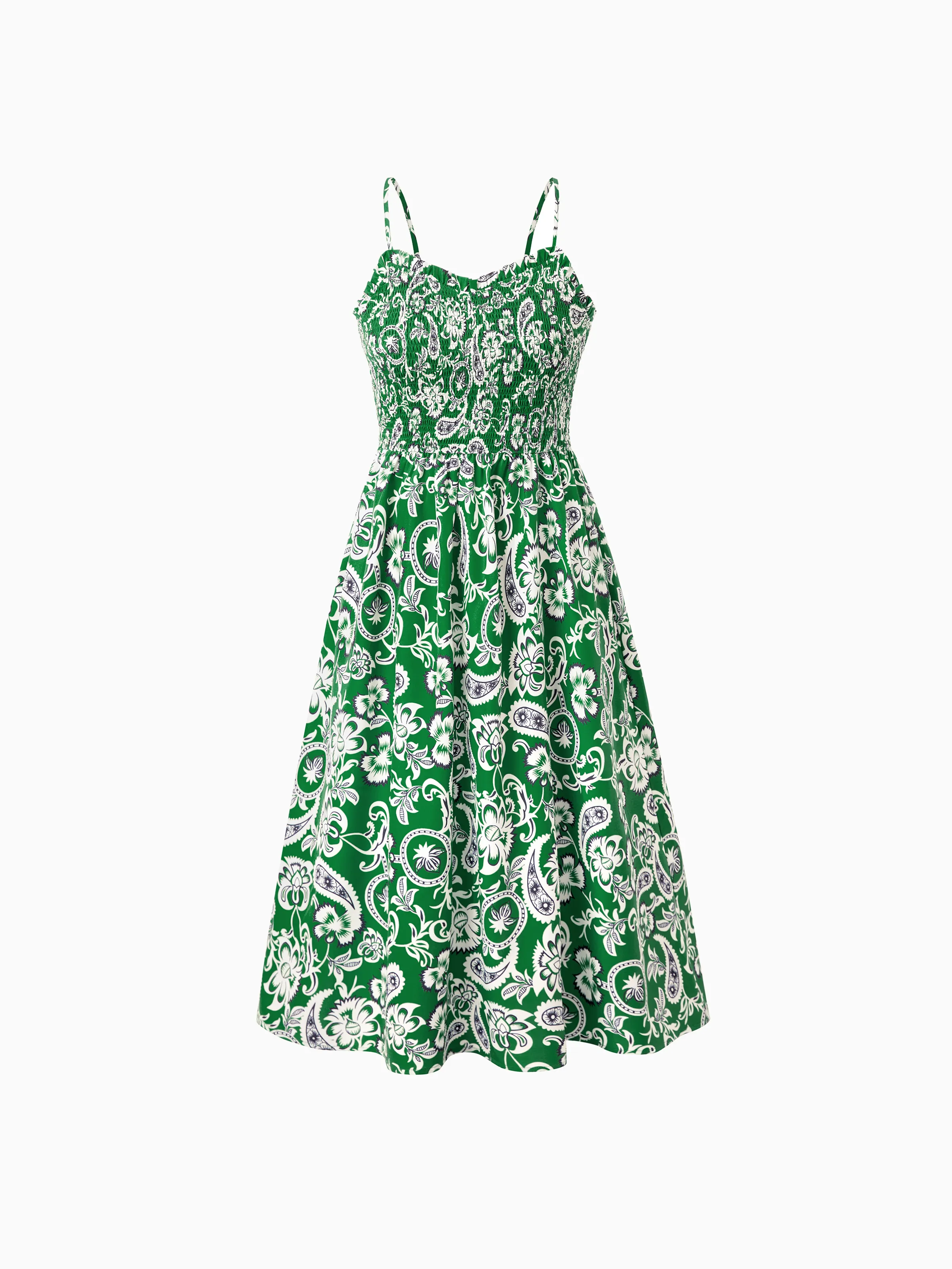 Family Matching Outfits Set Floral Print Short-sleeve Collar Shirt or Strappy Smocked  Dress for Summer Vacation  Green - Image 5