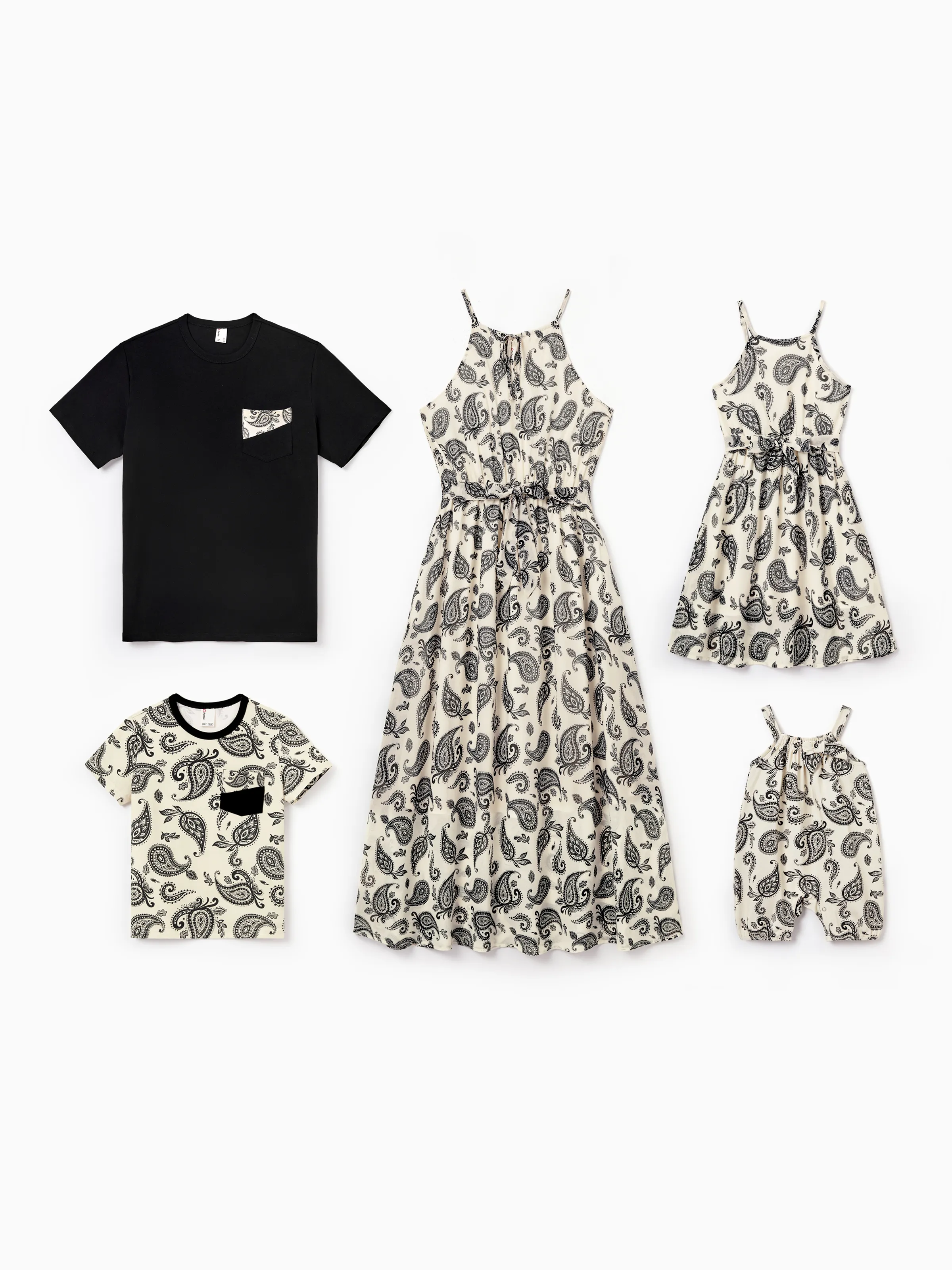 Family Matching Paisley Print Outfits Sleeveless Spaghetti Strap Dress & Cotton T-Shirt for Mom, Dad, & Kids Perfect for Family Outings & Photos
Black