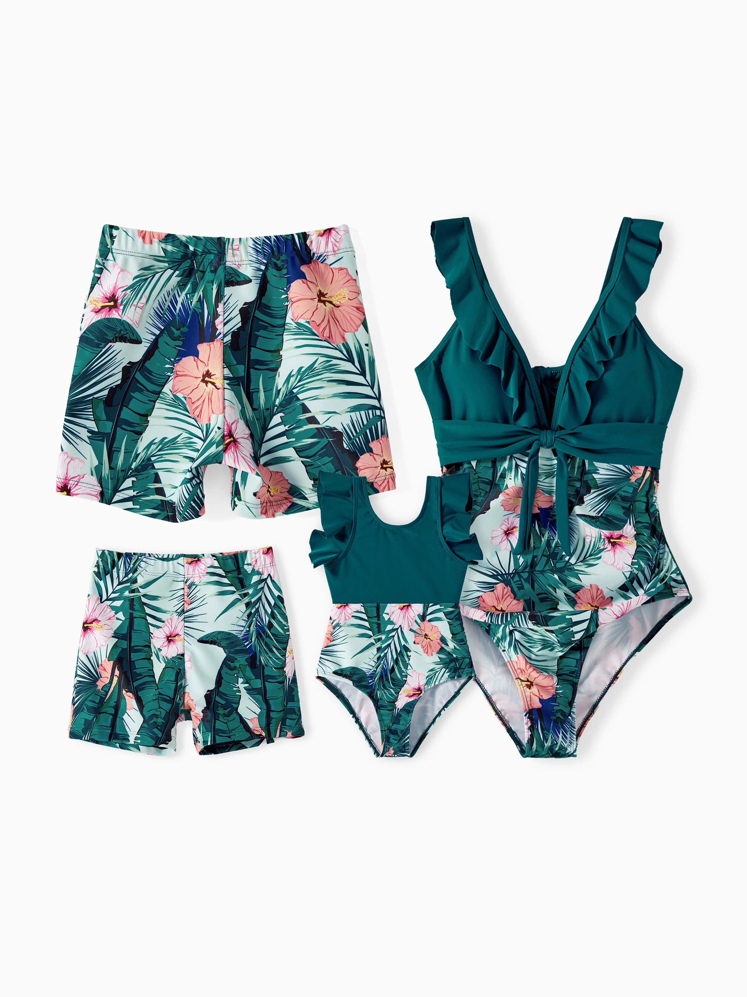 Family Matching Plant Print Ruffle Trim Spliced One-piece Swimsuit or Swim Trunks Green
