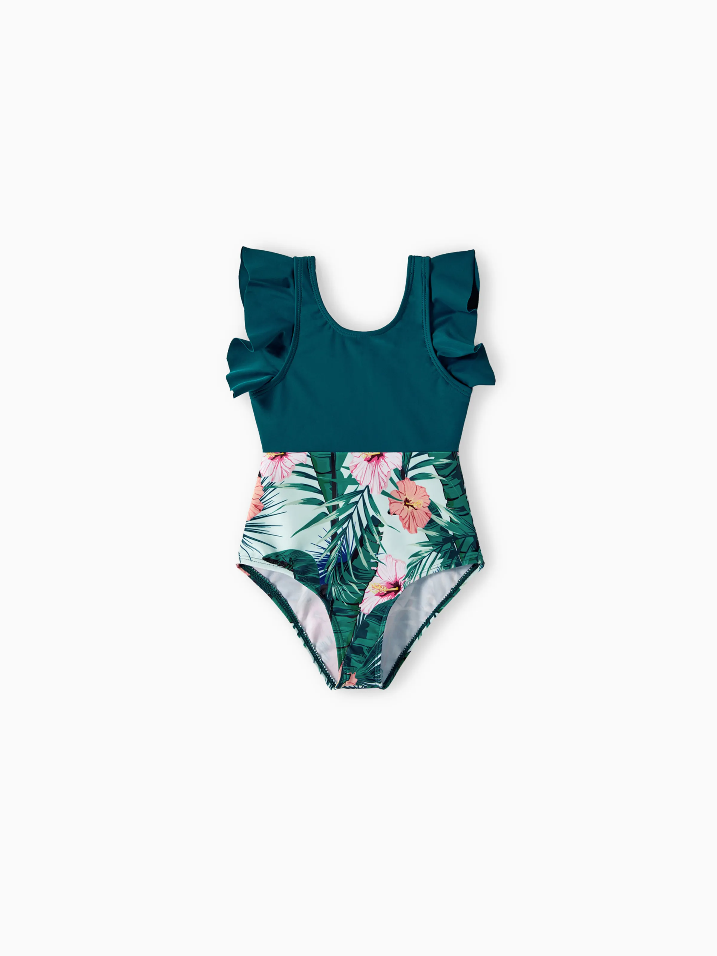 Family Matching Plant Print Ruffle Trim Spliced One-piece Swimsuit or Swim Trunks Green - Image 10