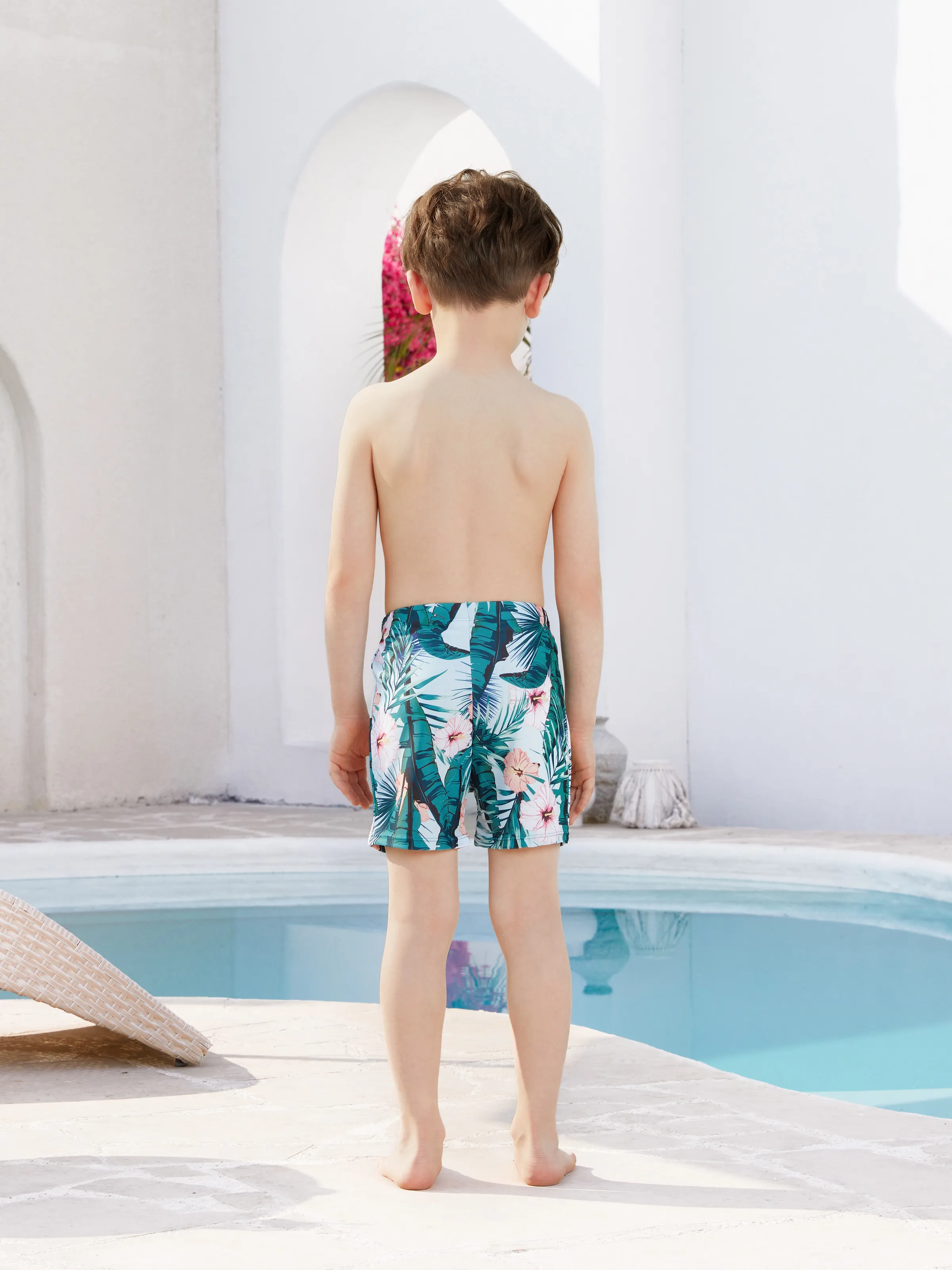 Family Matching Plant Print Ruffle Trim Spliced One-piece Swimsuit or Swim Trunks Green - Image 14