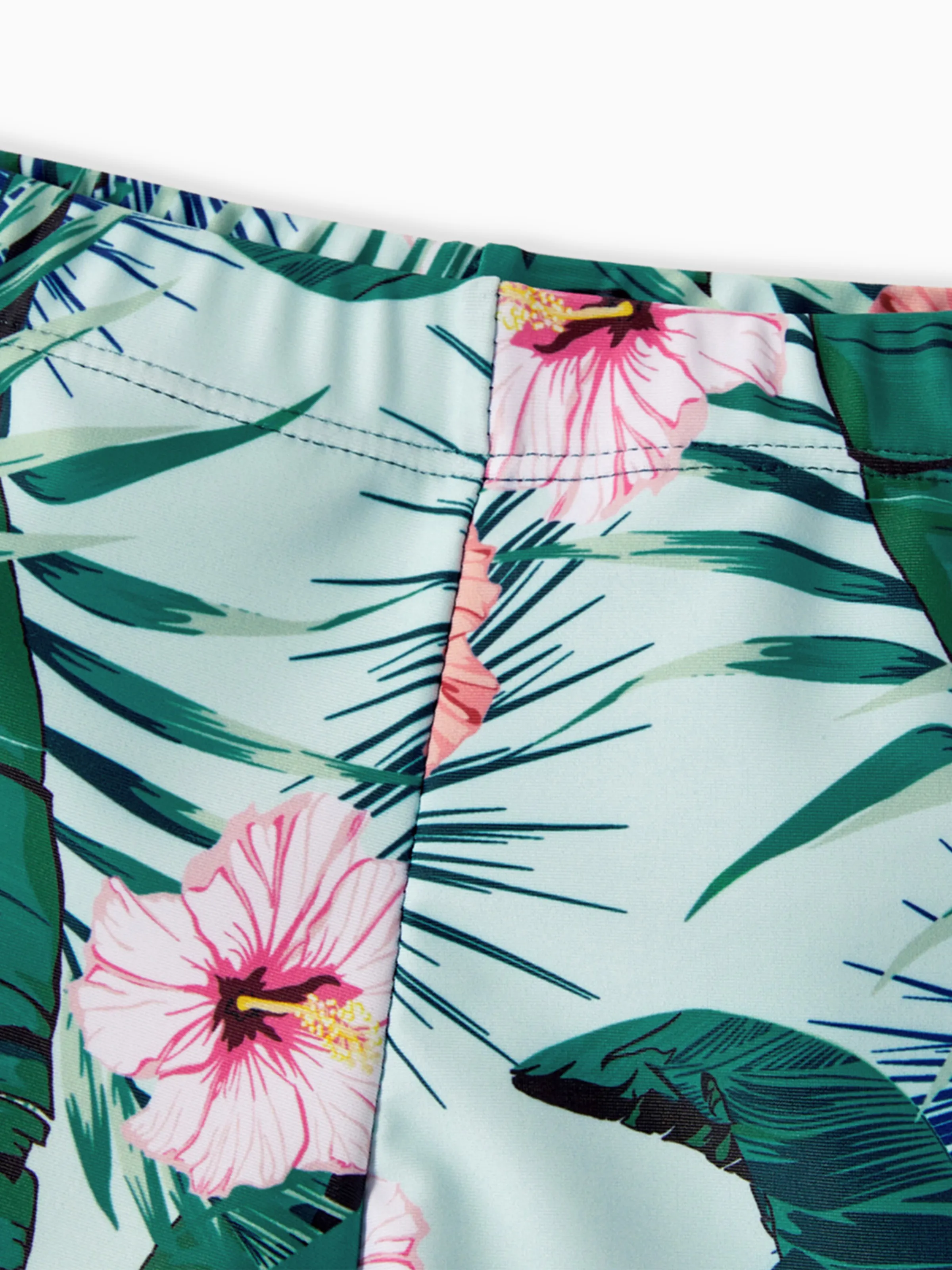 Family Matching Plant Print Ruffle Trim Spliced One-piece Swimsuit or Swim Trunks Green - Image 20