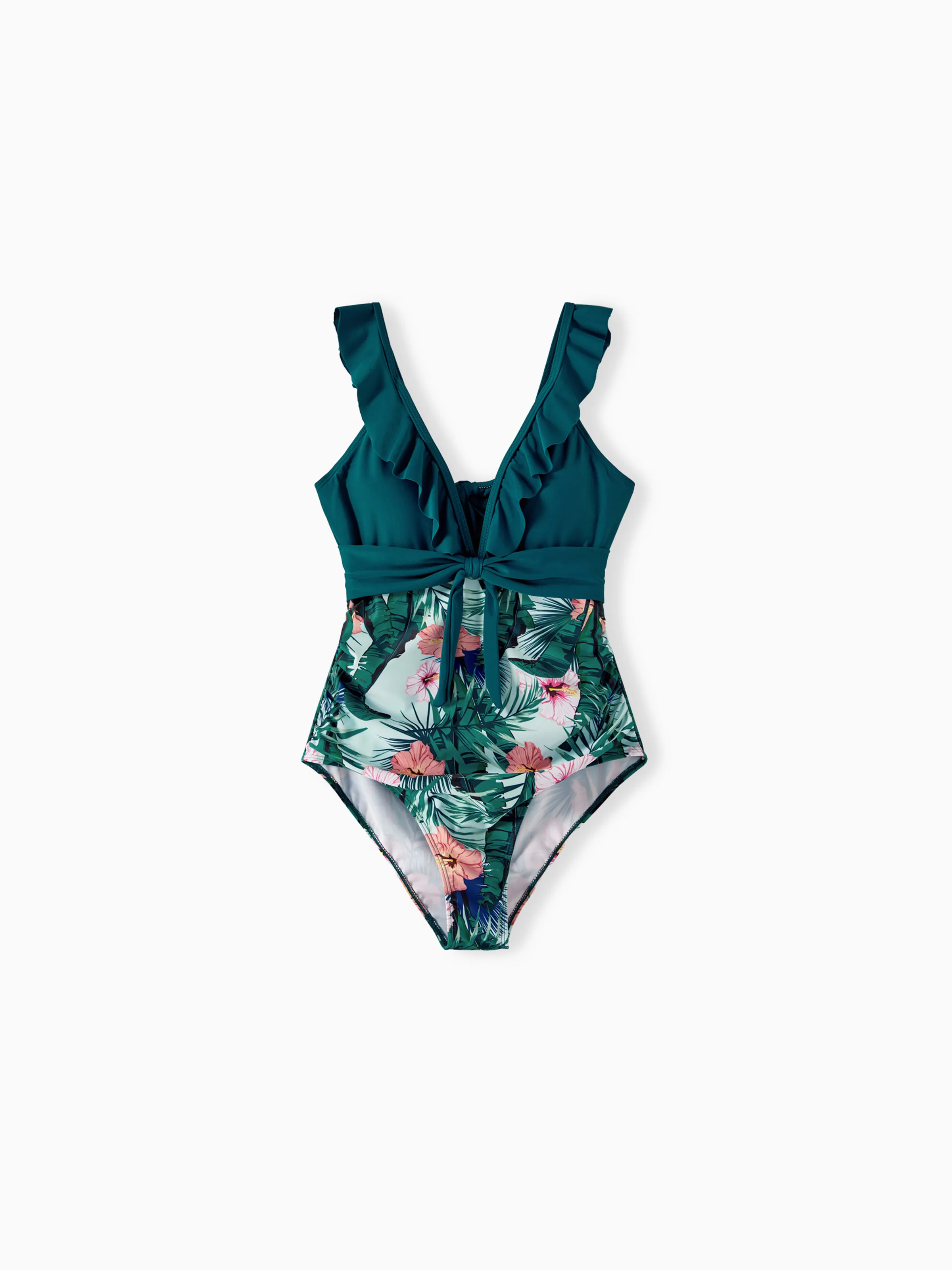 Family Matching Plant Print Ruffle Trim Spliced One-piece Swimsuit or Swim Trunks Green - Image 5