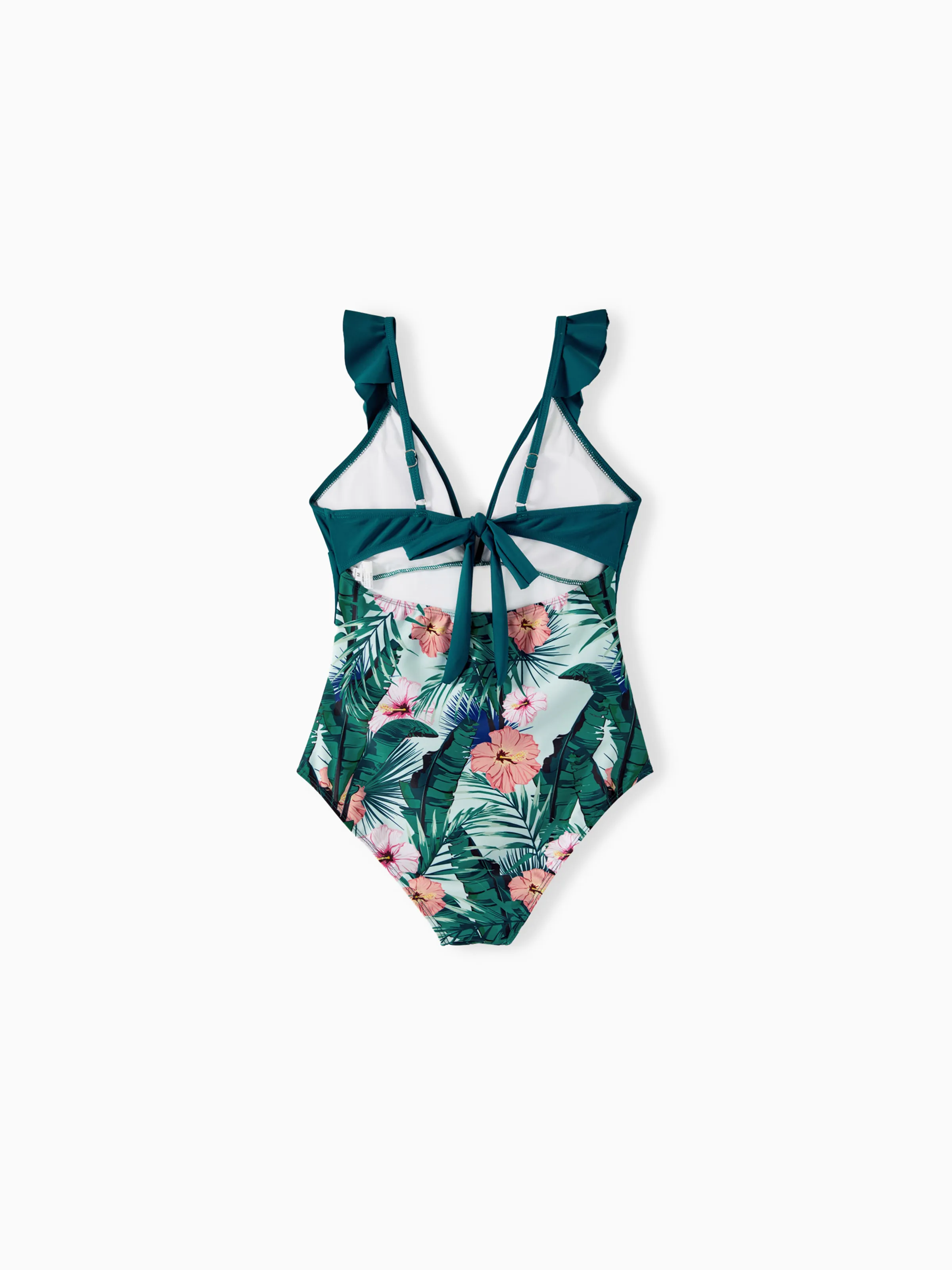 Family Matching Plant Print Ruffle Trim Spliced One-piece Swimsuit or Swim Trunks Green - Image 6