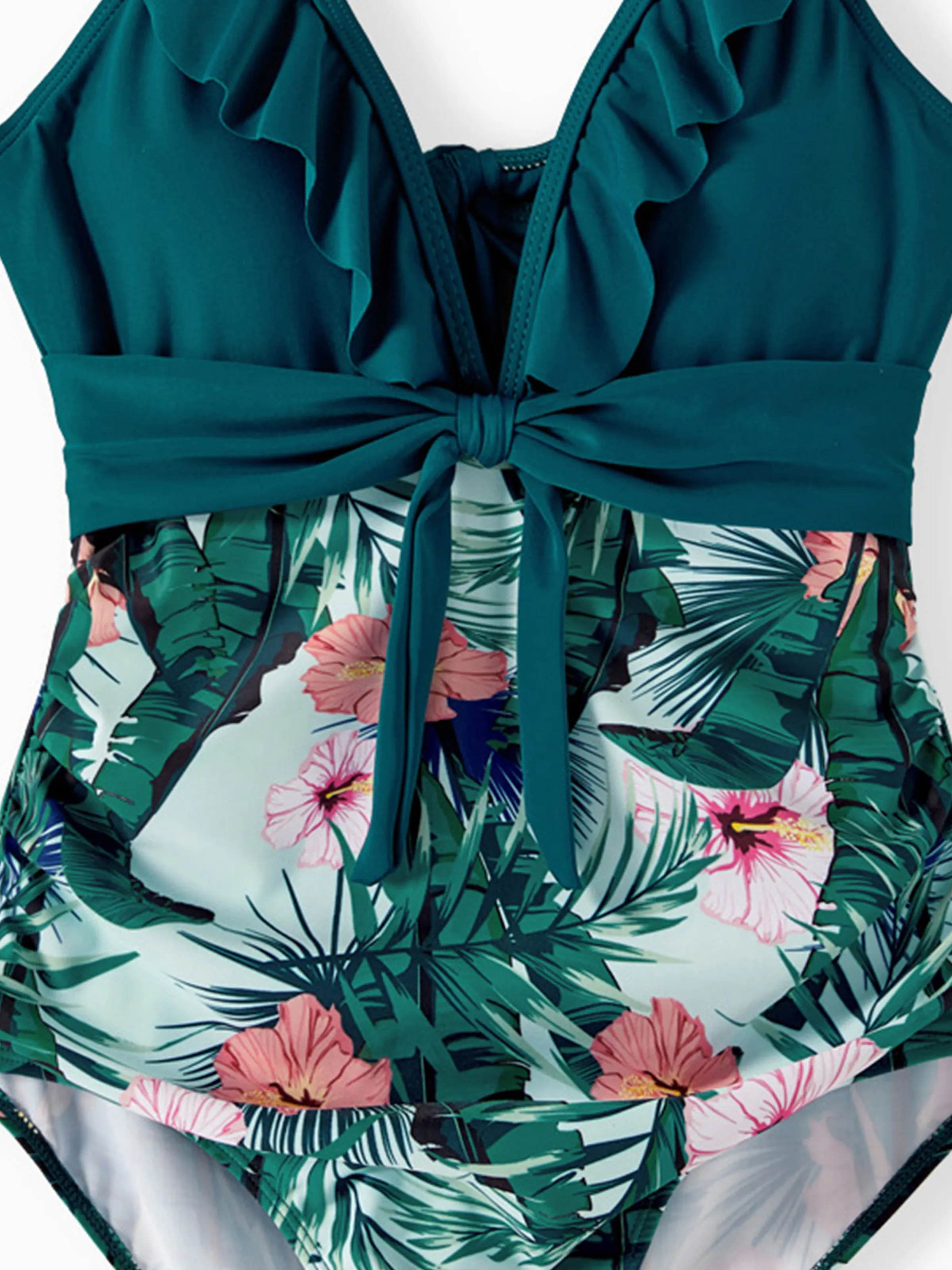 Family Matching Plant Print Ruffle Trim Spliced One-piece Swimsuit or Swim Trunks Green - Image 7