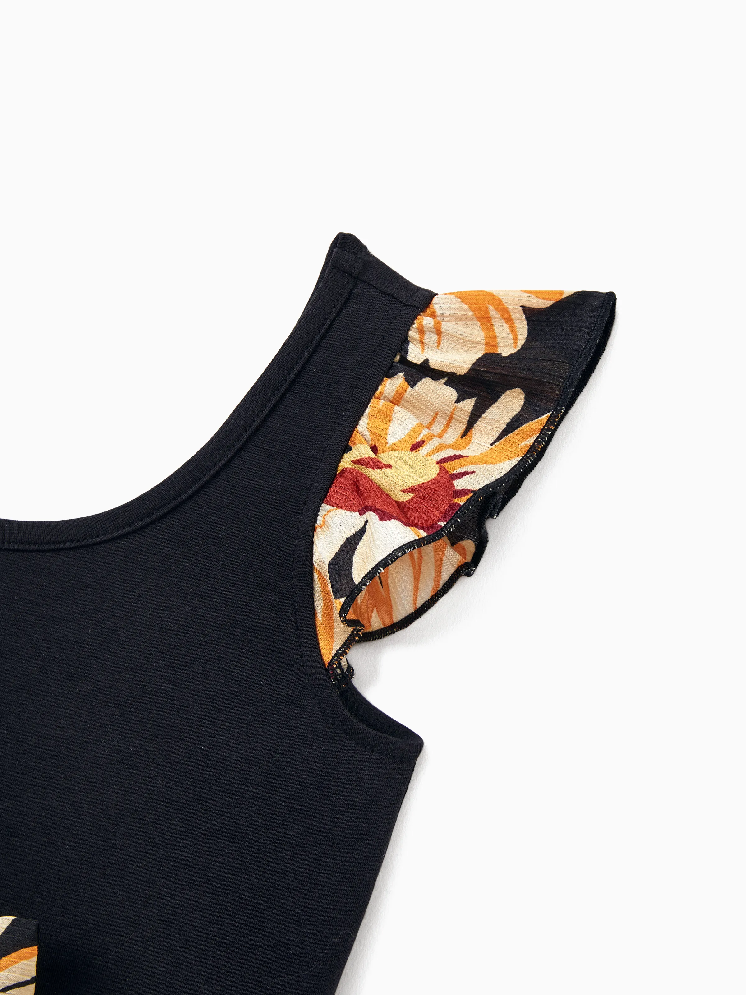 Family Matching Set Floral Sleeveless Strappy Dress or Colorblock Short-sleeve T-shirt  Black - Image 14