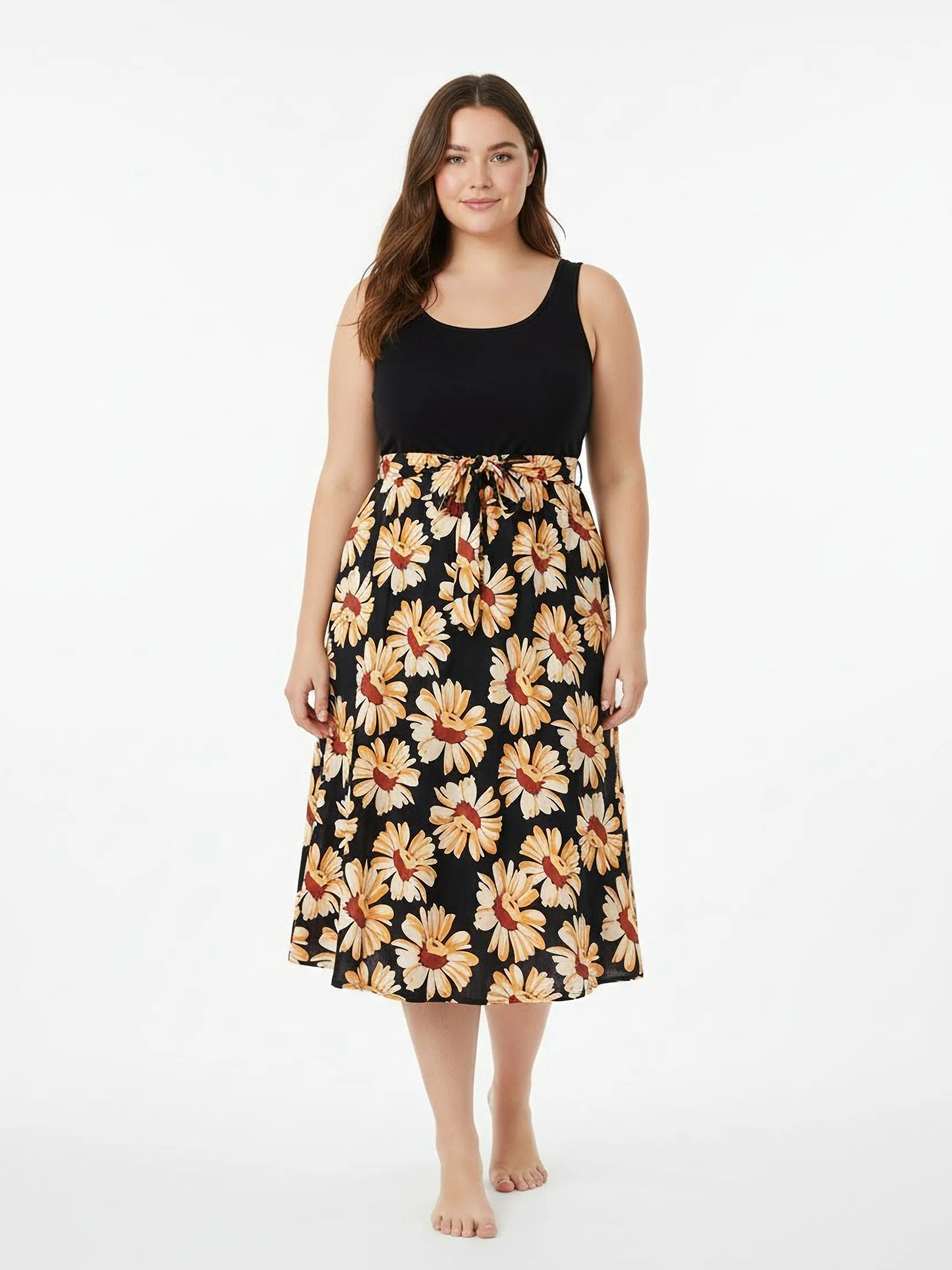 Family Matching Set Floral Sleeveless Strappy Dress or Colorblock Short-sleeve T-shirt  Black - Image 2