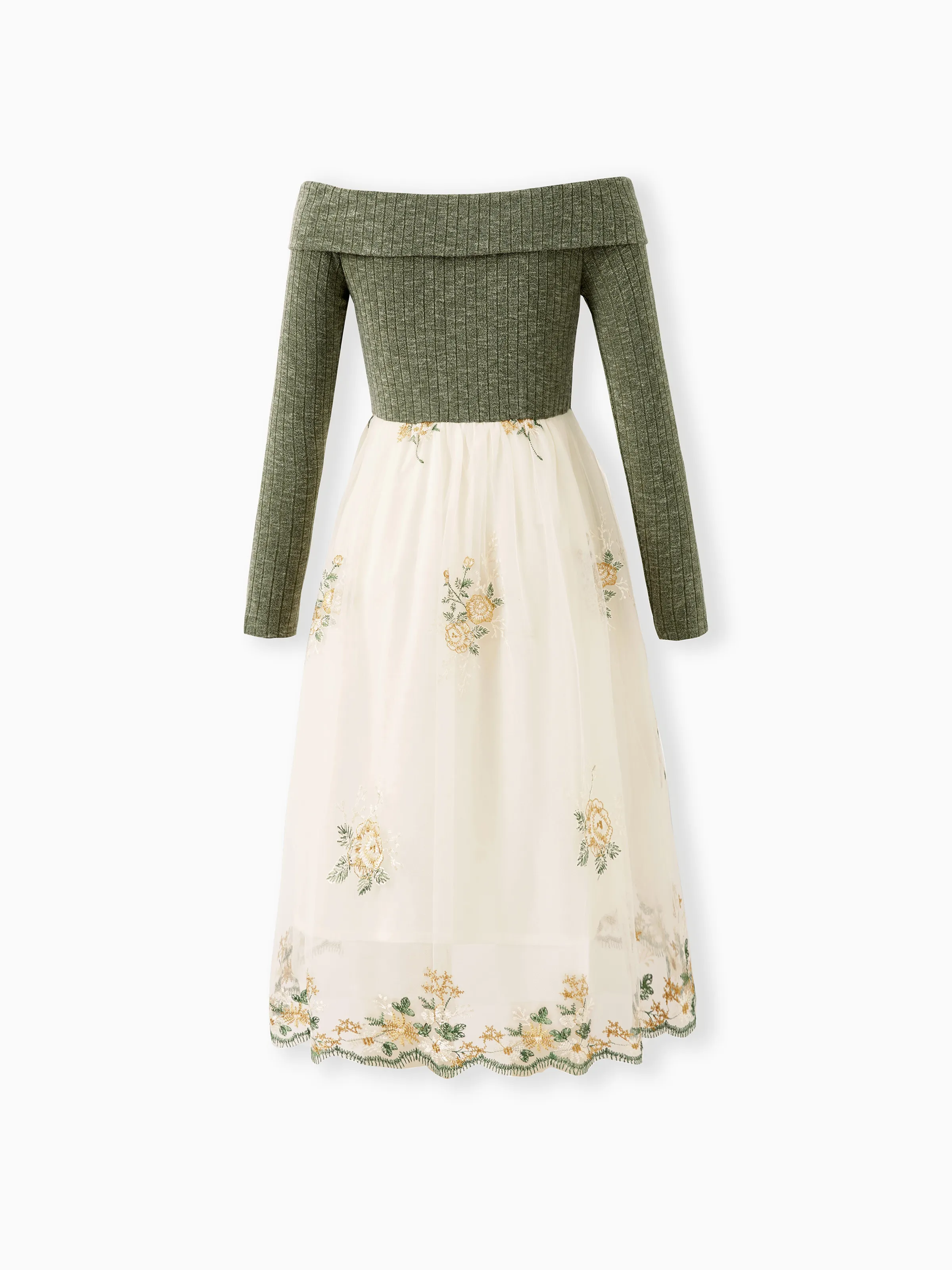 Family Matching Sets Green Long Sleeves Shirt or Ribbed Off-Shoulder Embroidered Tulle Dress Green - Image 3