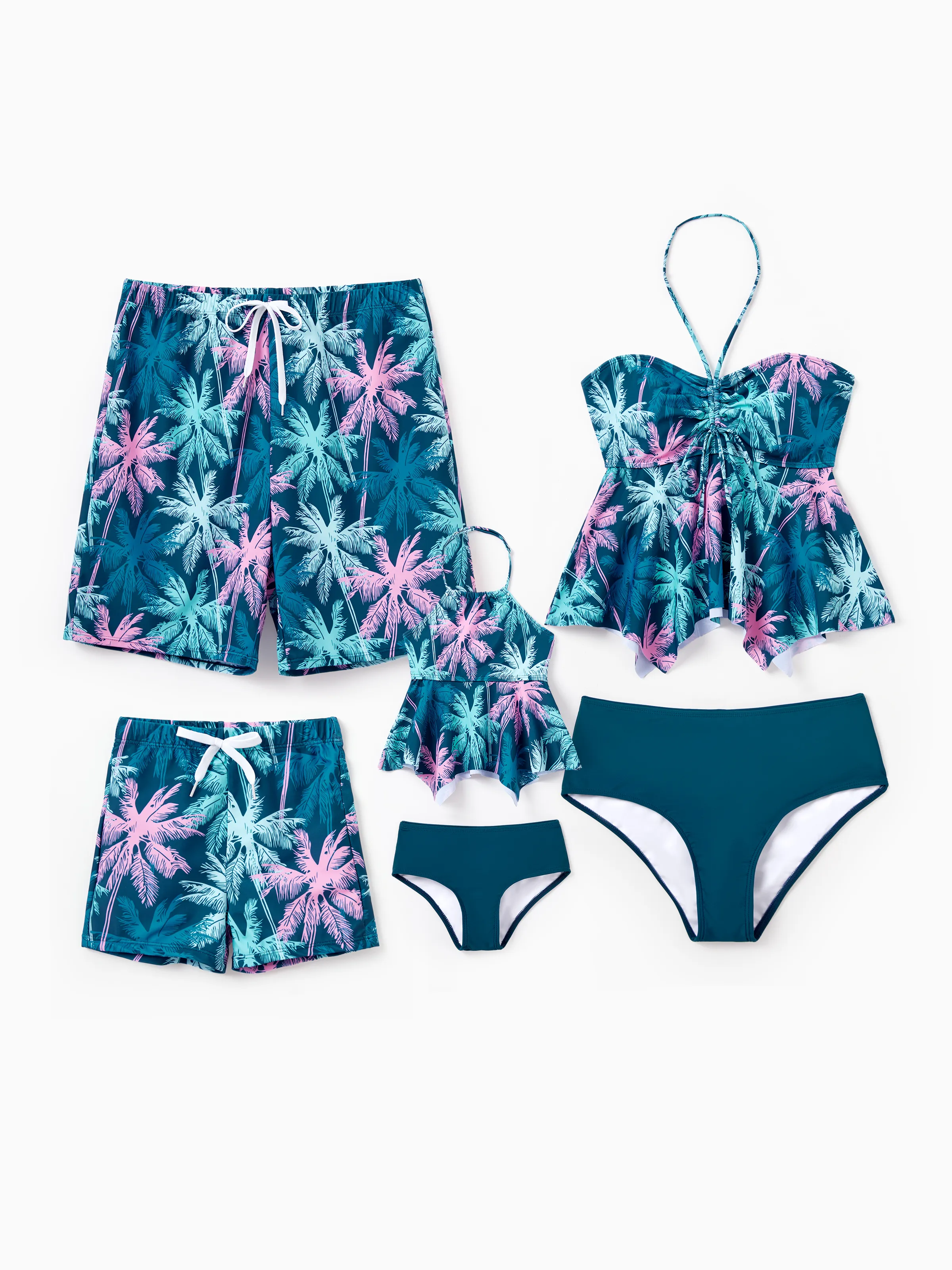 Family Matching Swimsuits Tropical Palm Tree Print, Mommy and Me Ruffle two-piece Swimsuit, Daddy and Son Swim Trunks Set, Beach Vacation Swimwear Turquoise