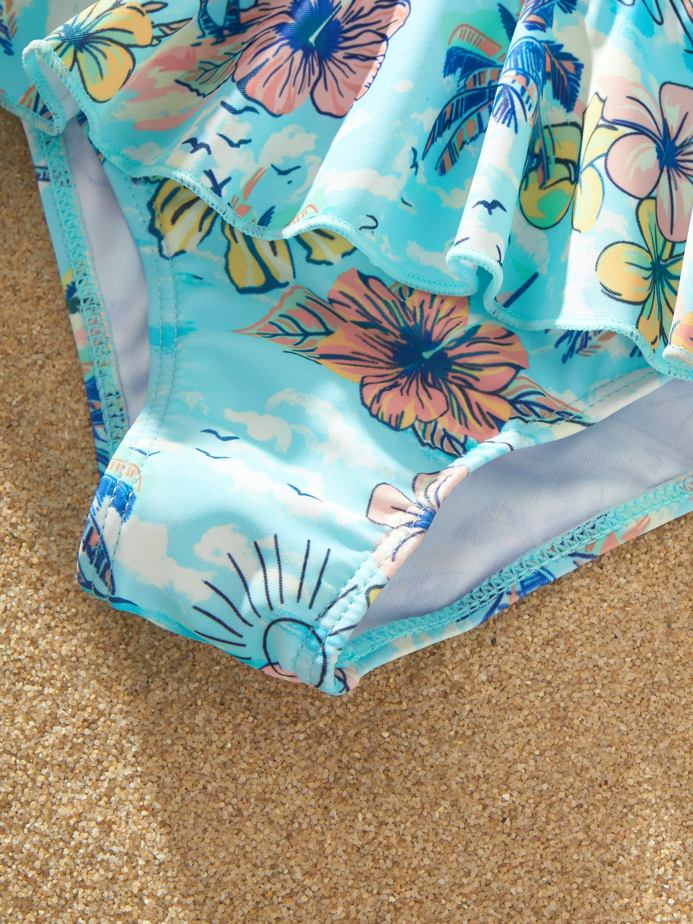 Family Matching Swimwear Tropical Print, Mommy Tie-front Cutout One-piece Swimsuit, Girl two-piece Swimsuit Daddy & Son Swim Trunks Set for Summer Beach Vacation Light Blue - Image 15