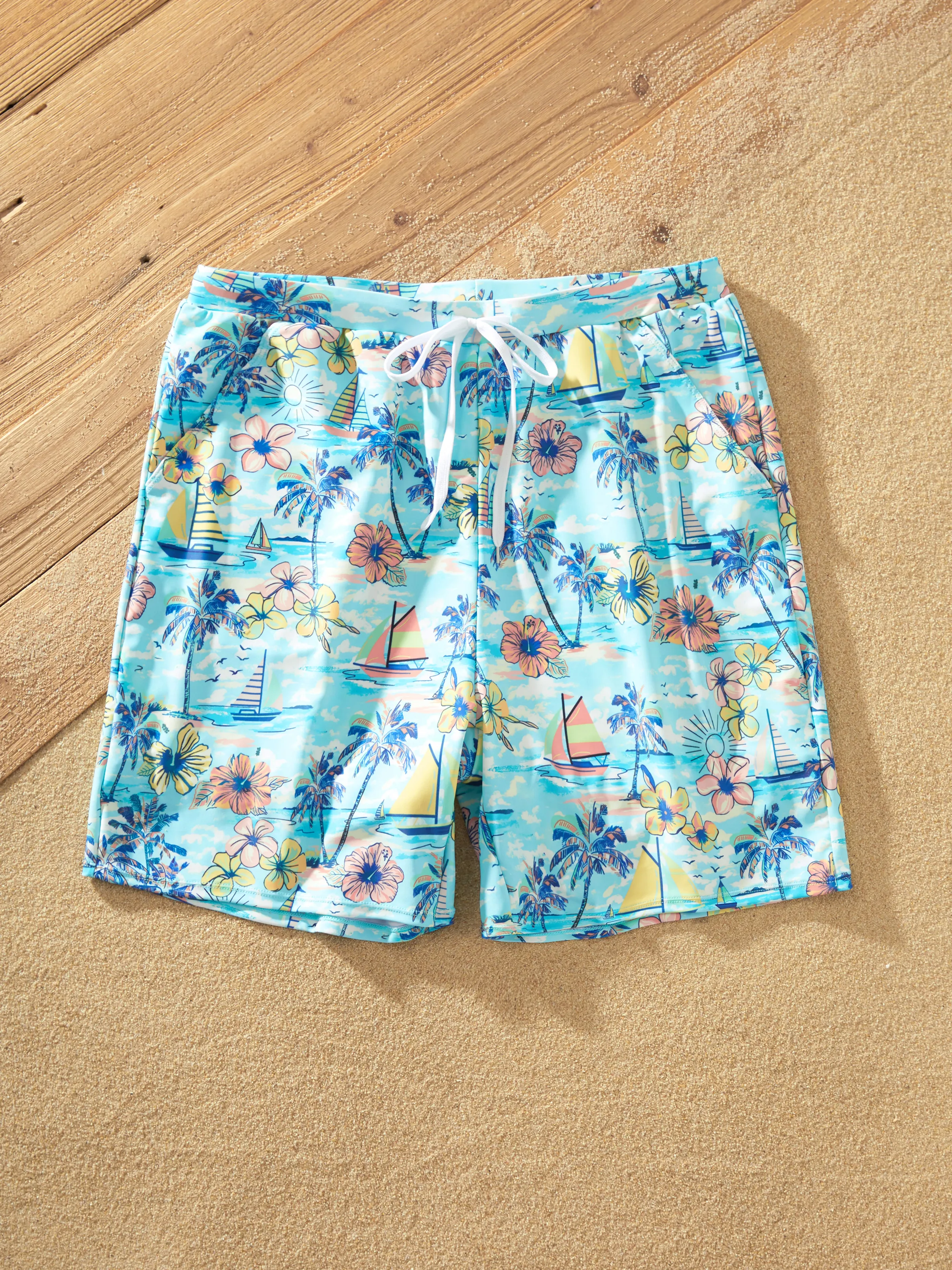 Family Matching Swimwear Tropical Print, Mommy Tie-front Cutout One-piece Swimsuit, Girl two-piece Swimsuit Daddy & Son Swim Trunks Set for Summer Beach Vacation Light Blue - Image 23
