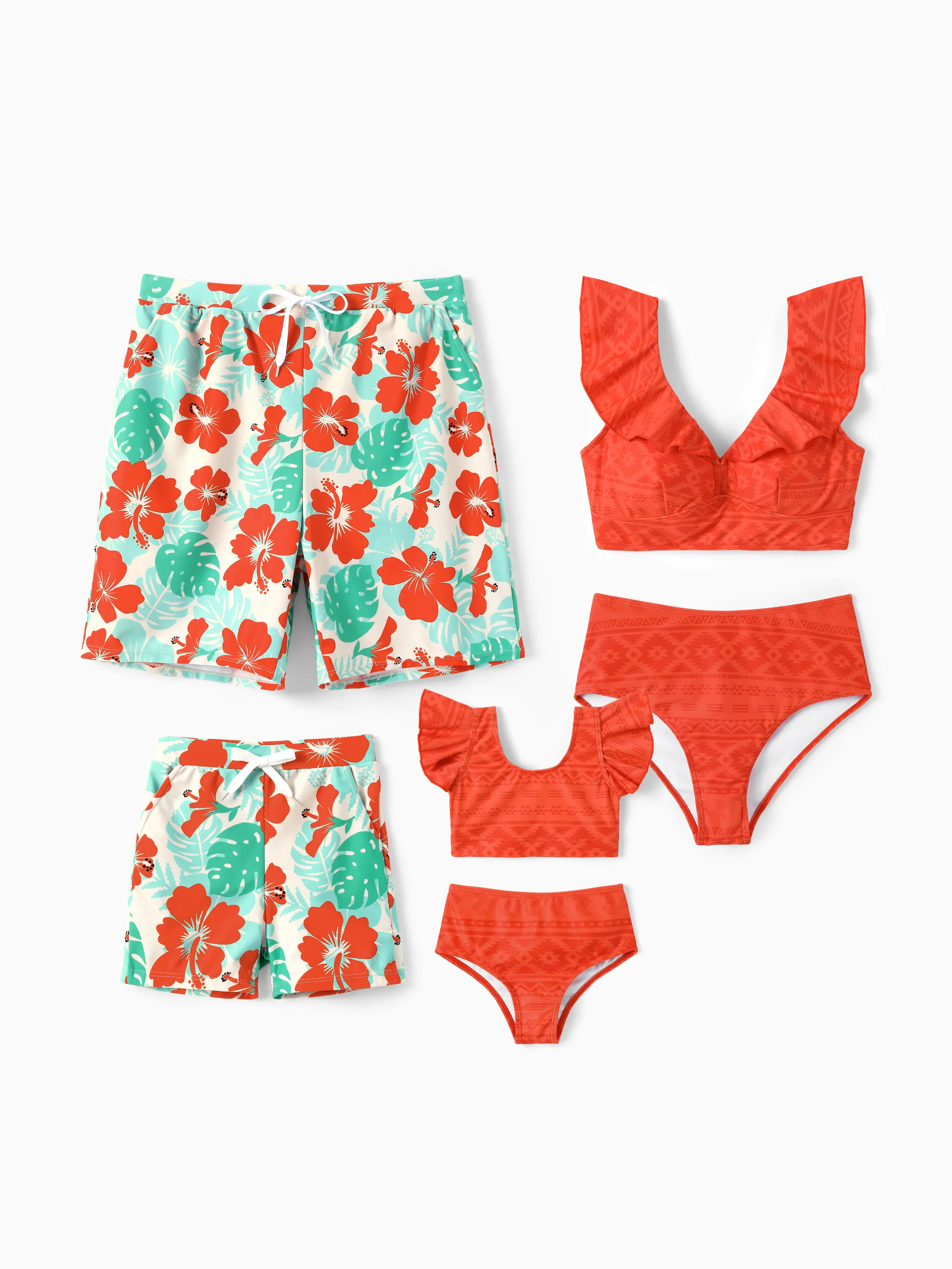 Family Matching Tropical Floral Print Swim Trunk or Ruffle Trim Bikini with Optional Beach Cover-Up Dress Orange