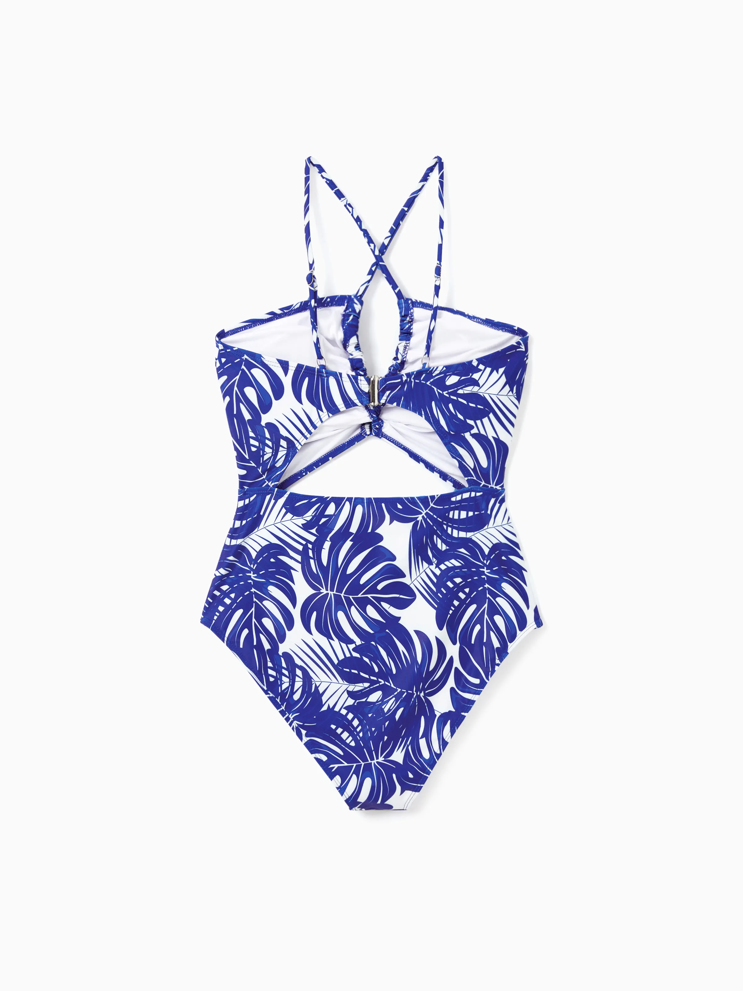Family Matching Tropical Leaf Print Swim Trunks or Hollow-out Crisscross Straps One-piece Swimsuit Blue - Image 3