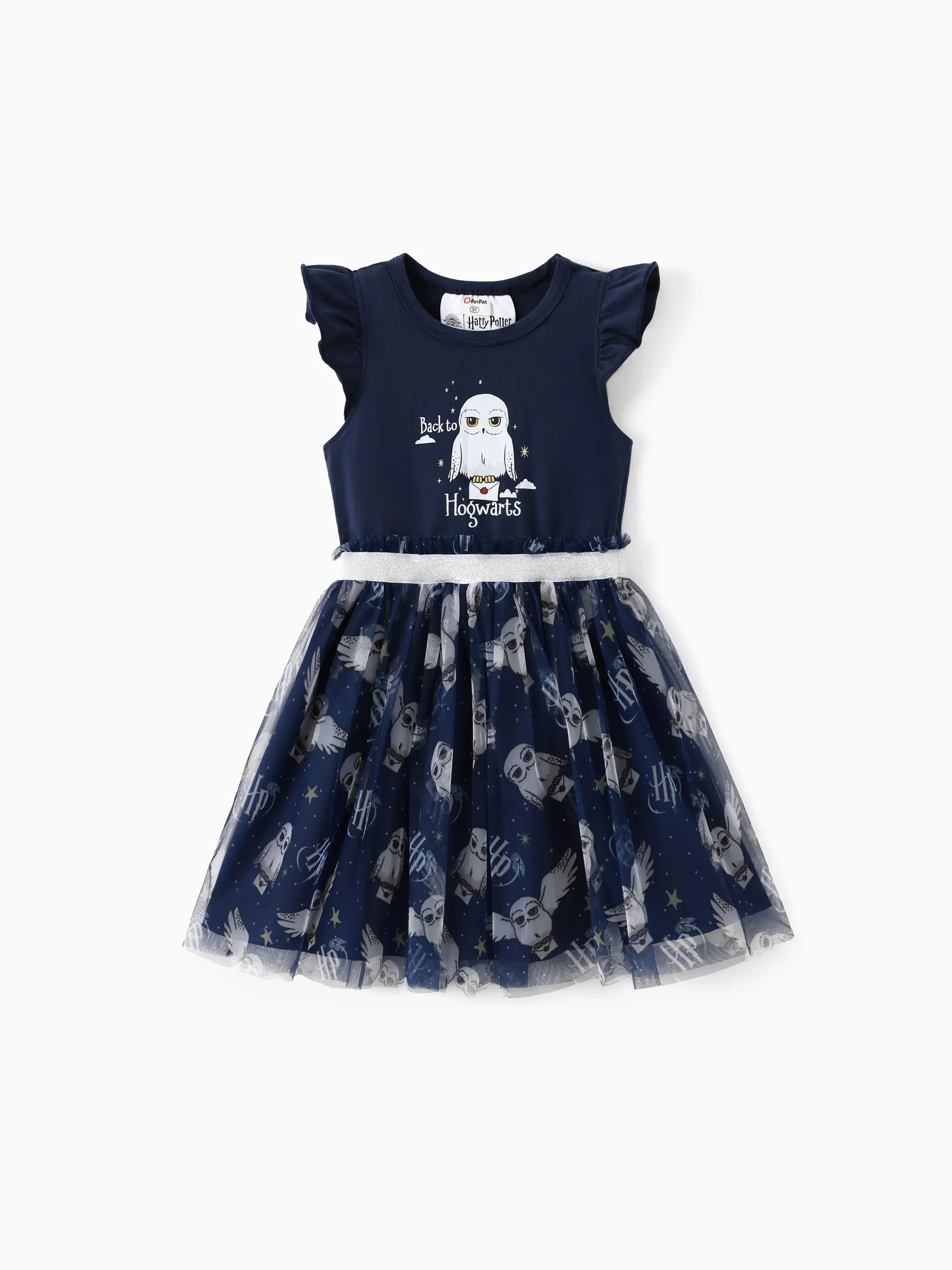 Harry Potter Toddler/Kid Girl Cotton Owl/College Print Ruffle-sleeve Mesh Dress Deep Blue