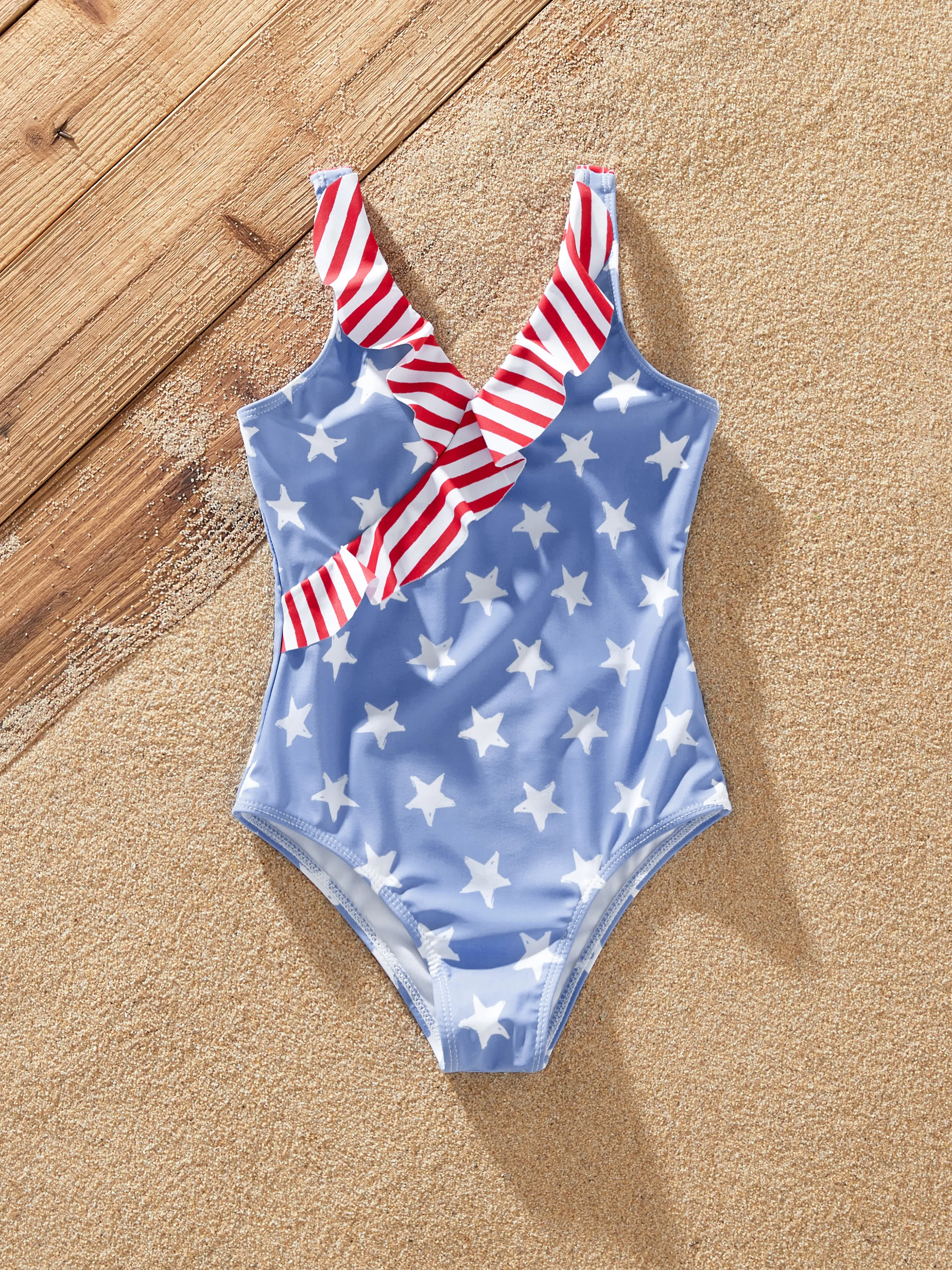 Independence Day 4th of July Mommy & me Patriotic Swimwear Stars and Ruffled Layers V-neck One-Piece Swimsuits Blue - Image 13