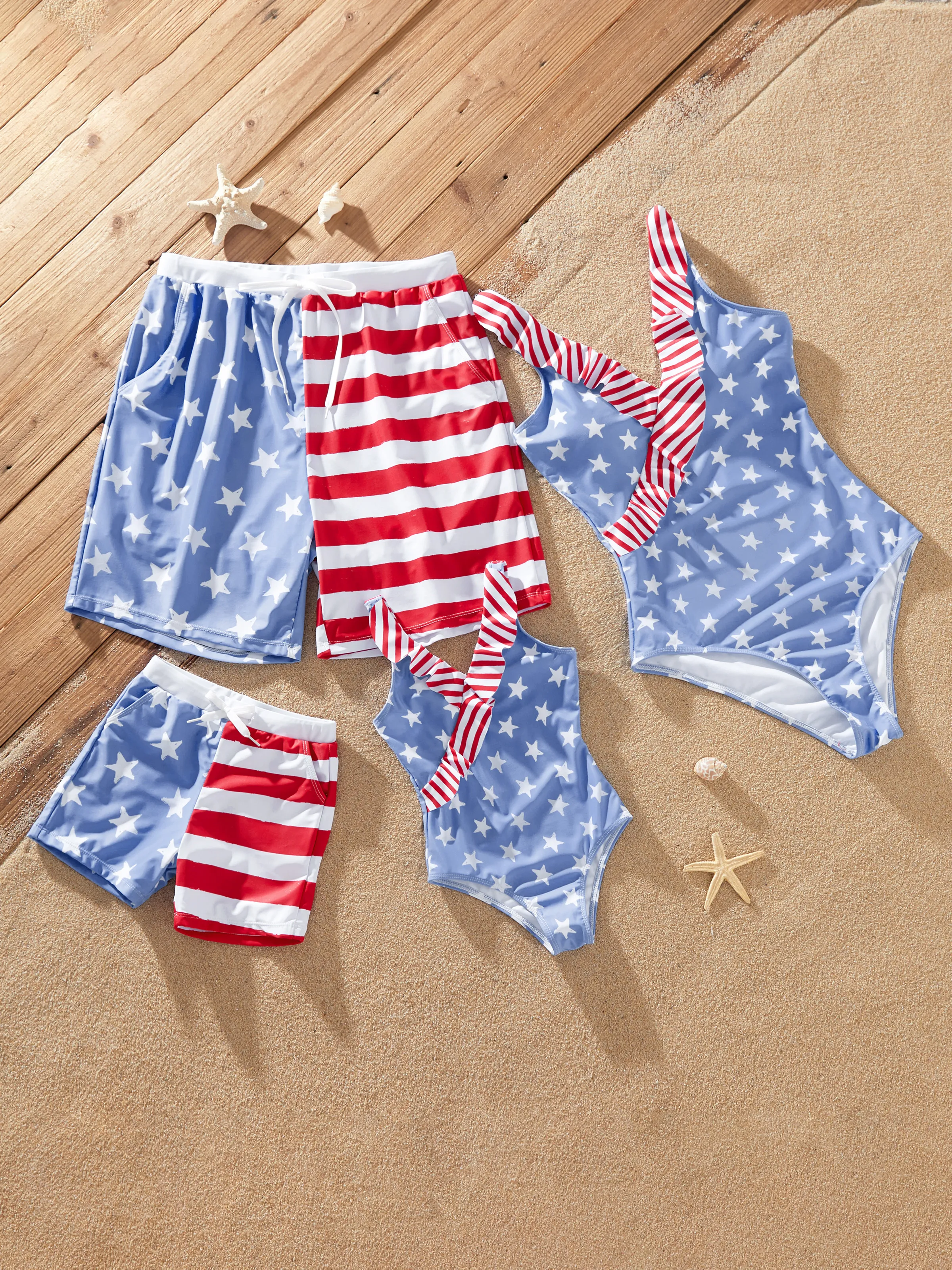 Independence Day 4th of July Mommy & me Patriotic Swimwear Stars and Ruffled Layers V-neck One-Piece Swimsuits Blue - Image 3