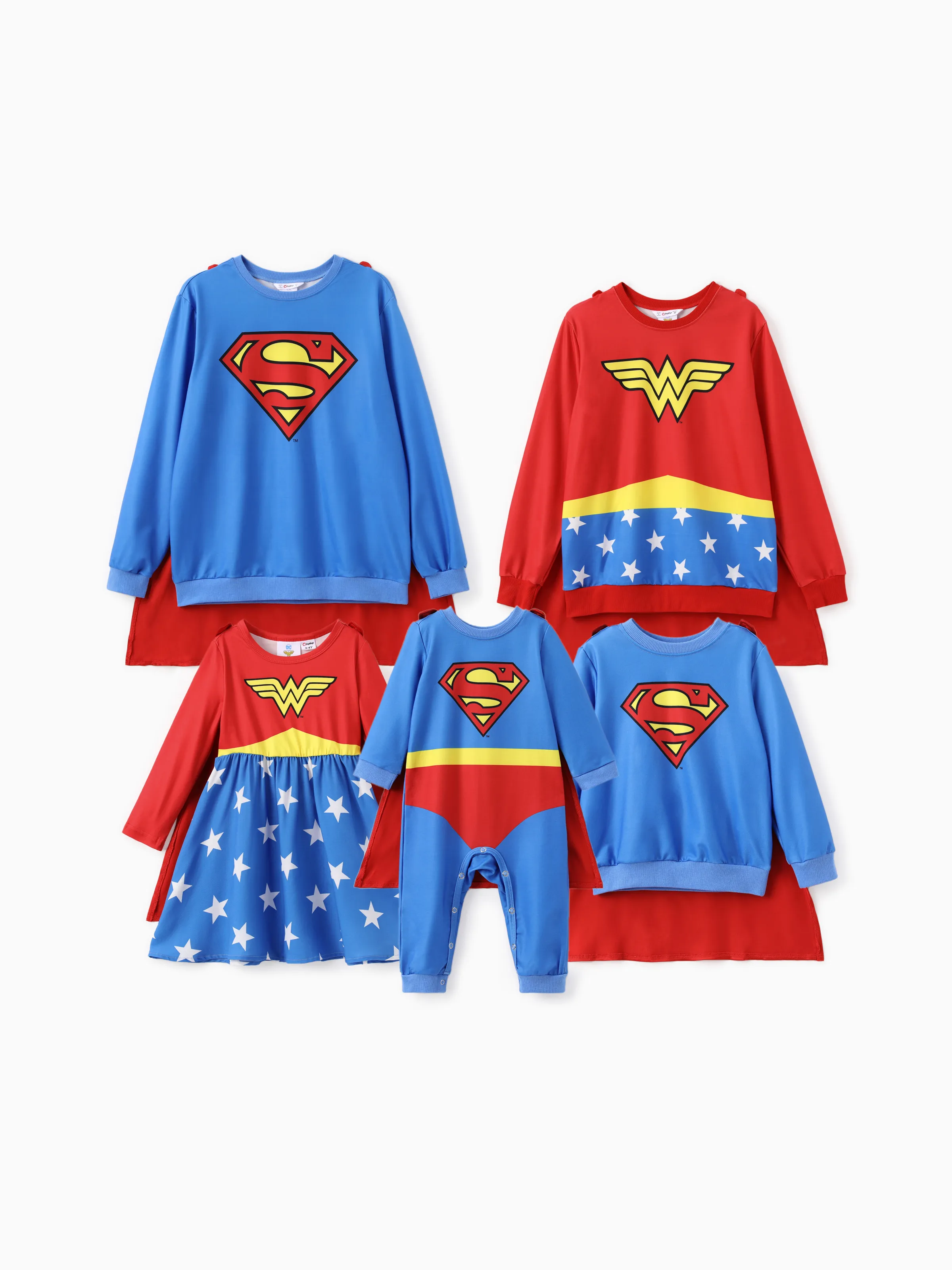 Justice League Family matching Cosplay Costume Superman/Wonder woman Logo Print Long-sleeve Sweatshirt/Dress/Jumpsuit With Cape Multi-color