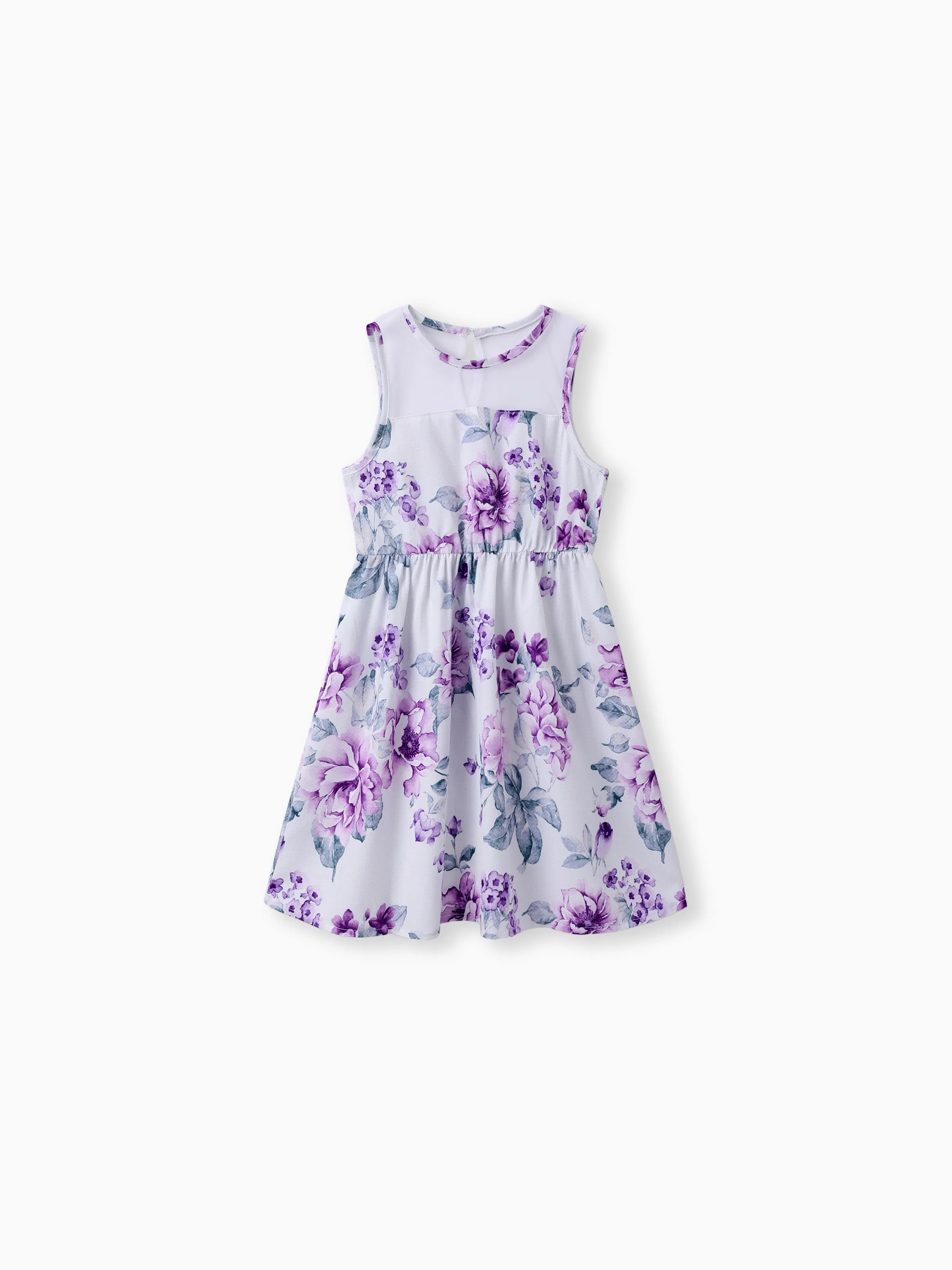 Kid Girl Floral Print Mesh Design Sleeveless Dress Purple
