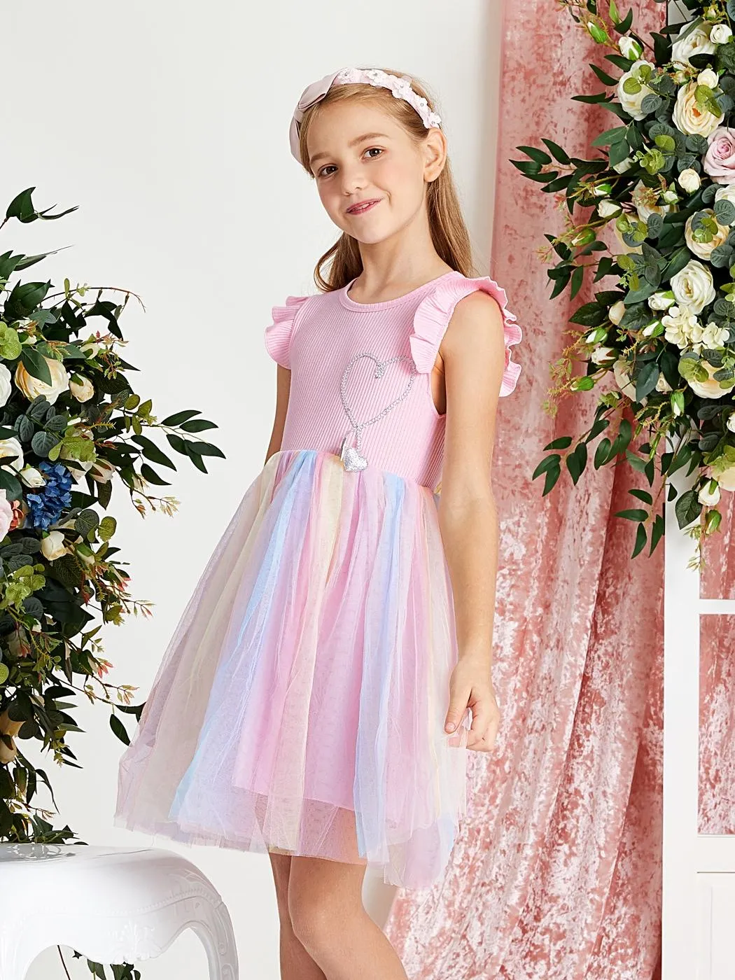 Kid Girl Princess Flutter-sleeve Heart Rainbow Mesh Fairy Dress Pink
