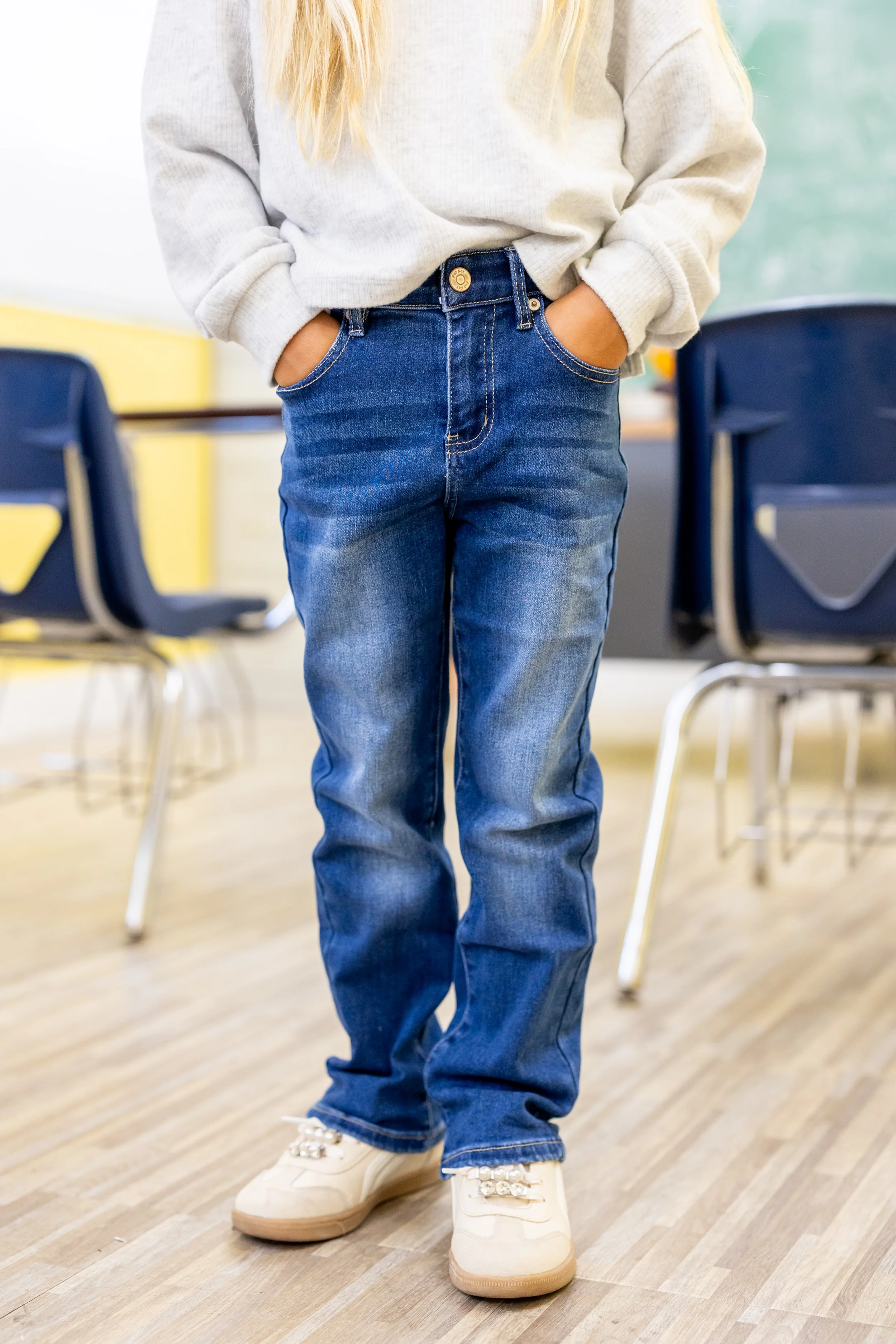 Kids Pull On Elastic Waist Denim Jeans Soft Stretch Comfortable Everyday Pants with Pockets Deep Blue