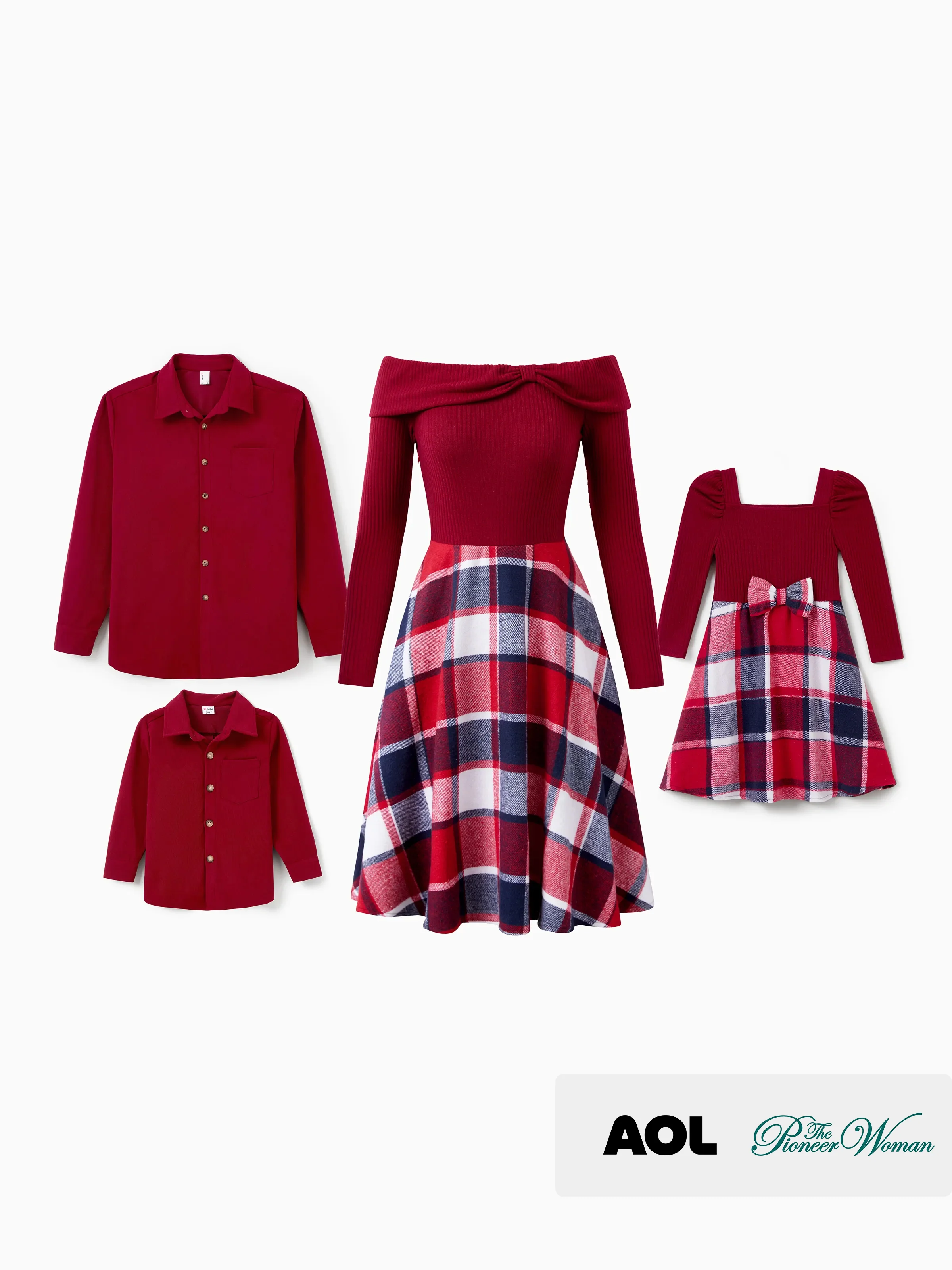 Matching Family Outfit Set Long-sleeve Shirt and Off Shoulder Long-sleeve Plaid Splicing Knitted Dress Burgundy