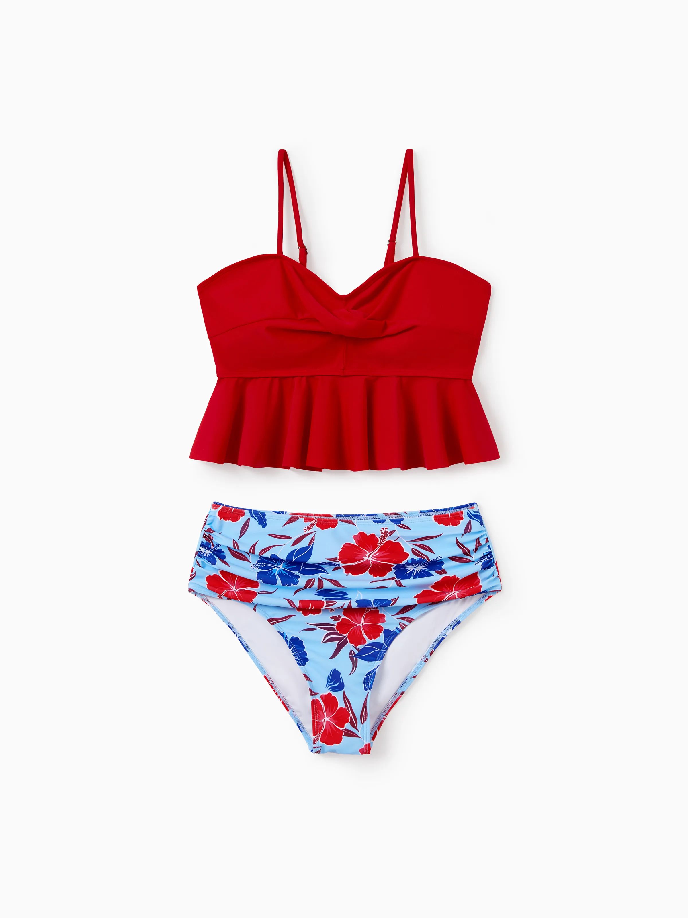 Matching Family Swimwear Floral Print Bikini & Swim Trunks Set for Mom, Dad, & Kids, Perfect for Summer Beach Days & Pool Parties Red - Image 2