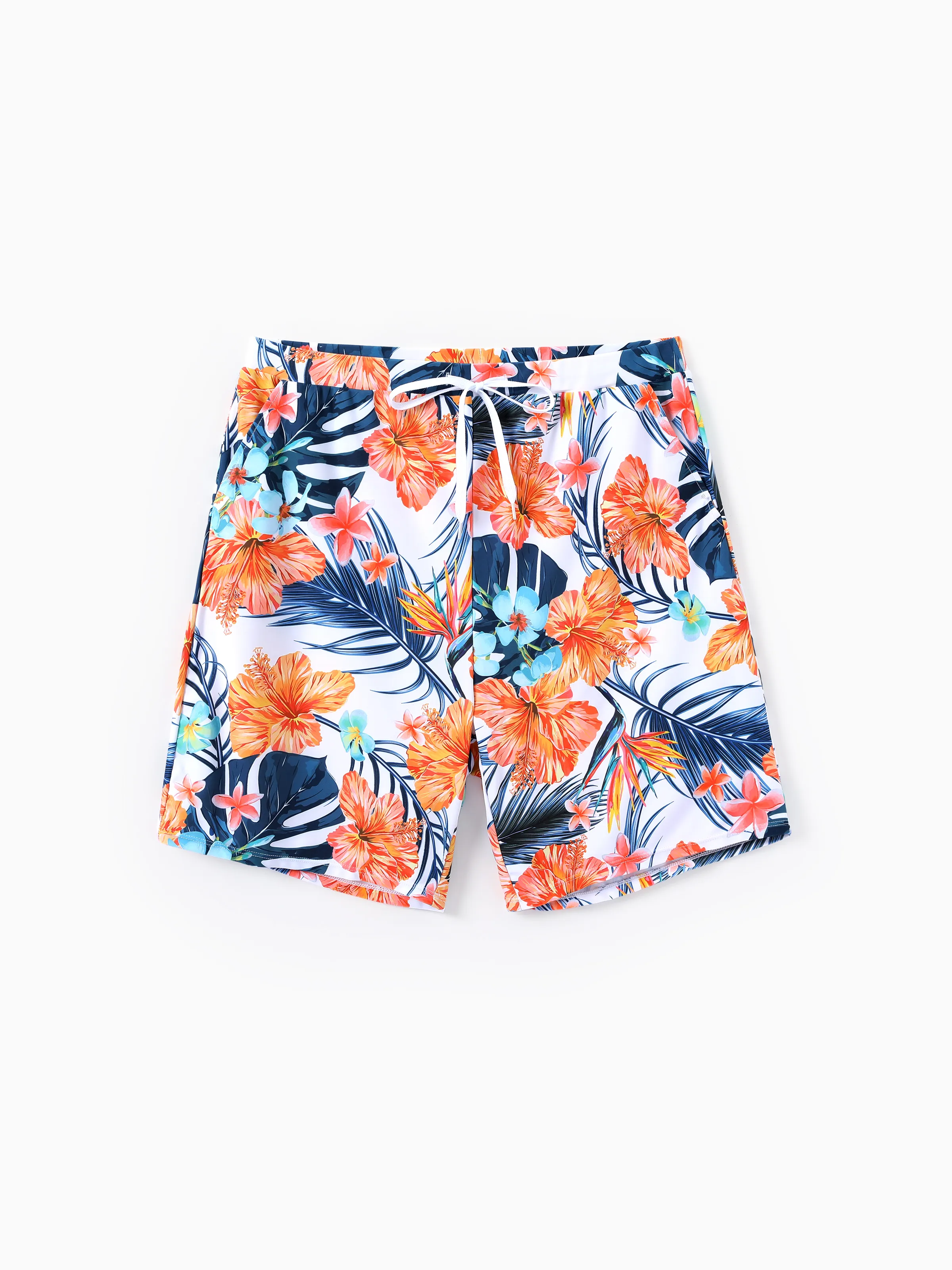 Matching Family Swimwear Tropical Floral Bikini Set with Ruffle Top for Mom & Daughter, Board Shorts for Dad & Son, Bright Summer Beach Outfits Orange - Image 17