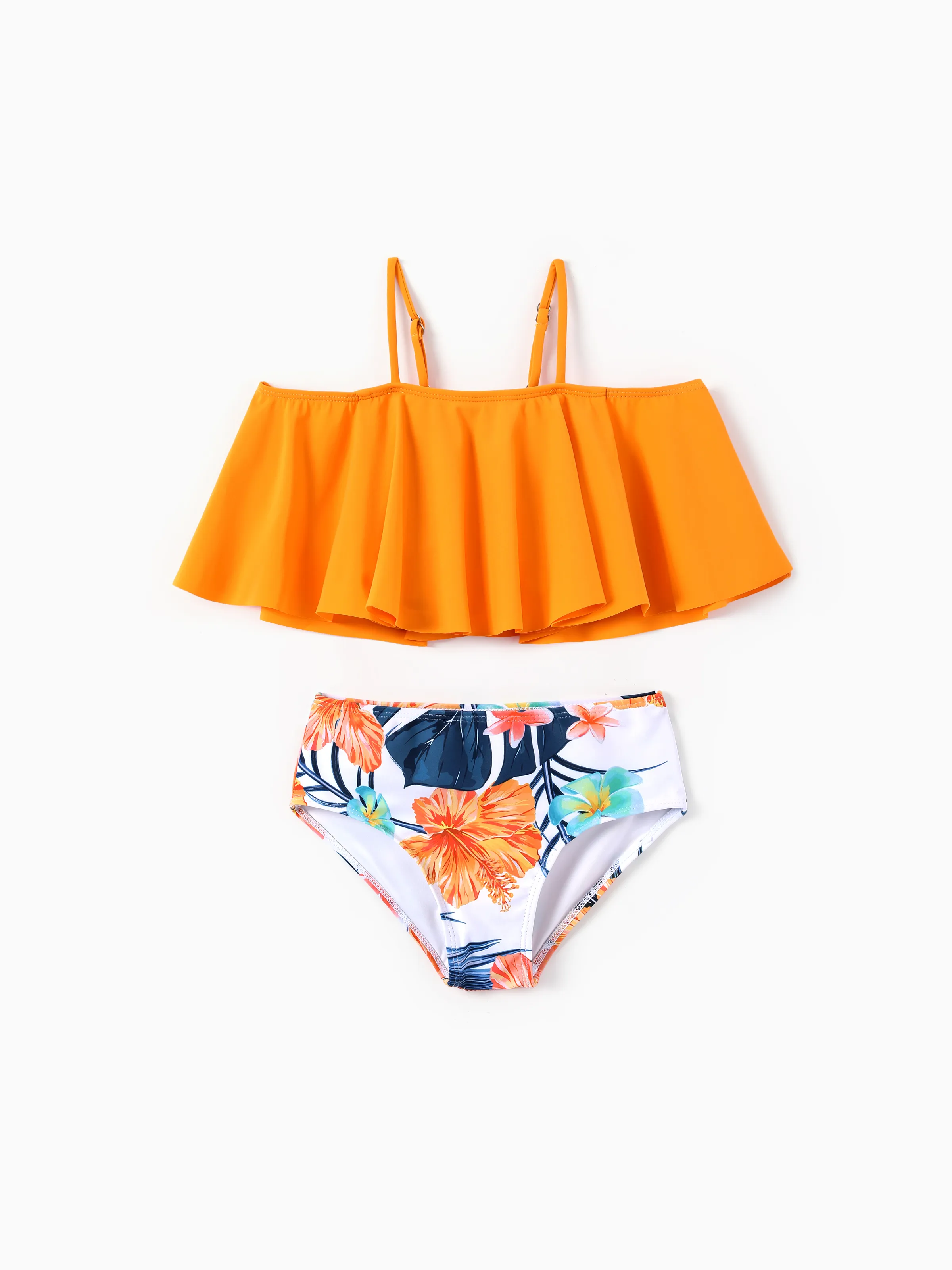 Matching Family Swimwear Tropical Floral Bikini Set with Ruffle Top for Mom & Daughter, Board Shorts for Dad & Son, Bright Summer Beach Outfits Orange - Image 7