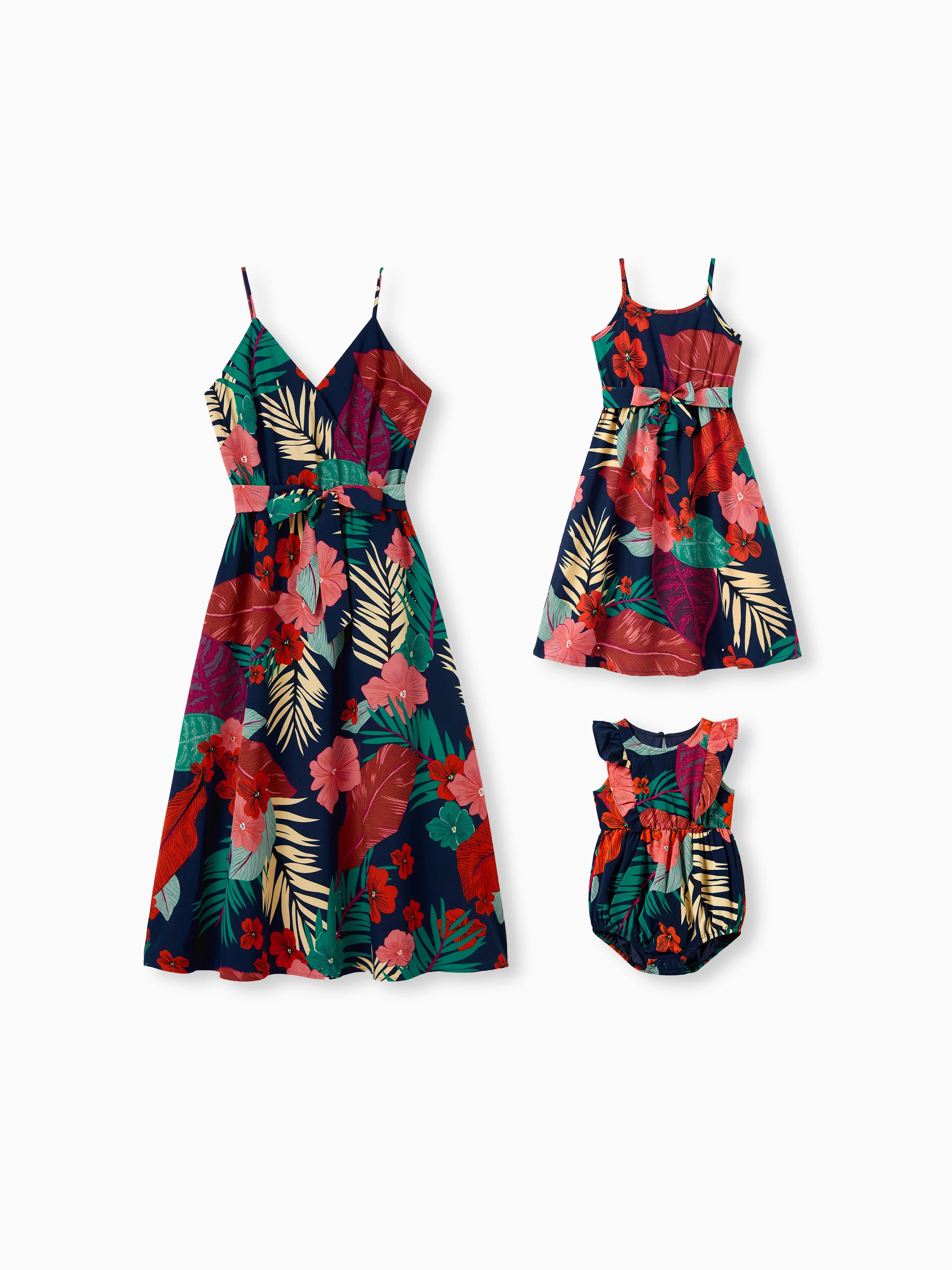 Mommy and Me Family Matching Sets Floral Panel Black tee and V-neck Strap Dress with Hidden Snap Deep Blue