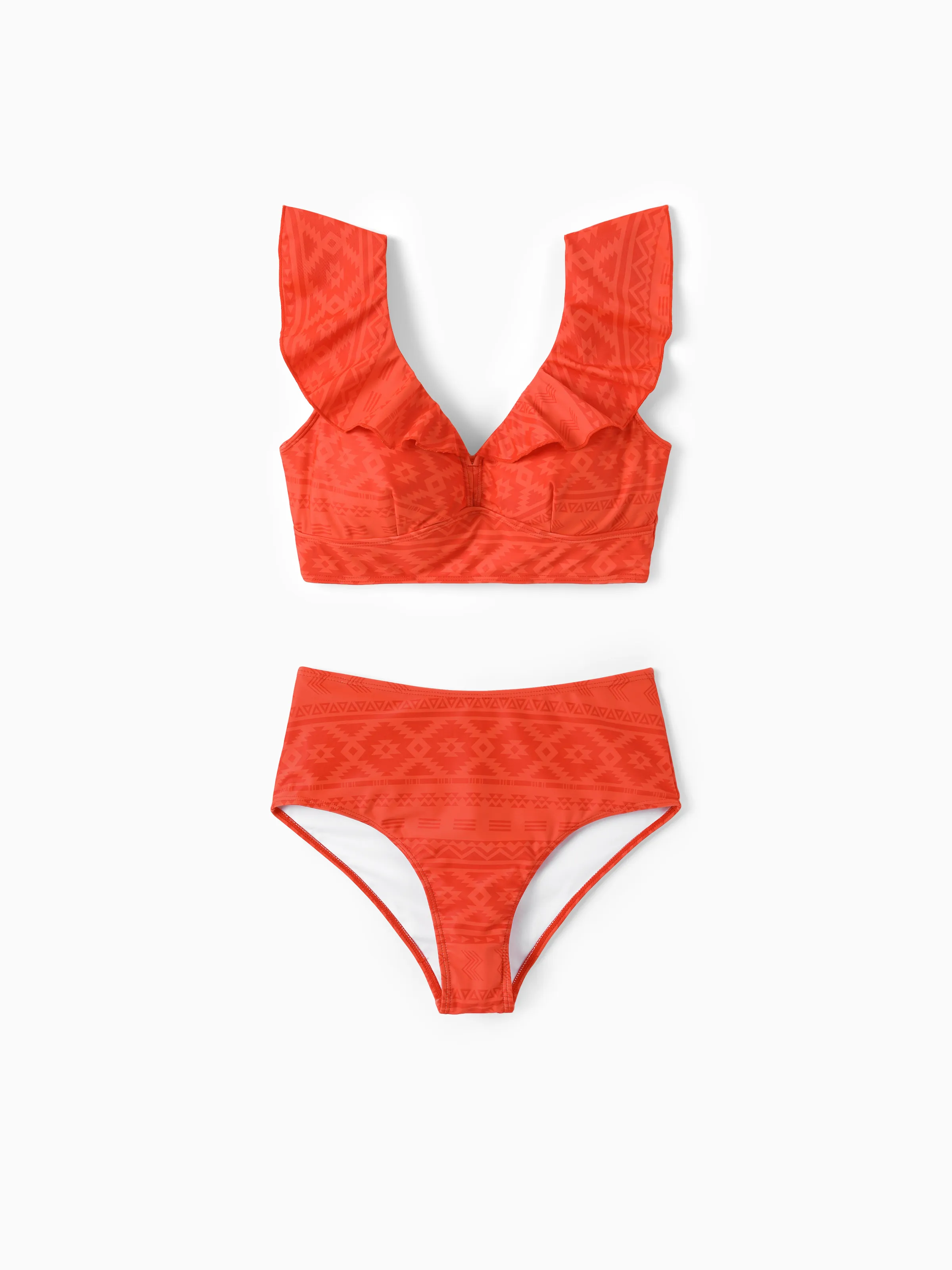 Mommy & Me Tropical Floral Print Ruffle Trim Bikini with Optional Beach Cover-Up Dress Orange - Image 2