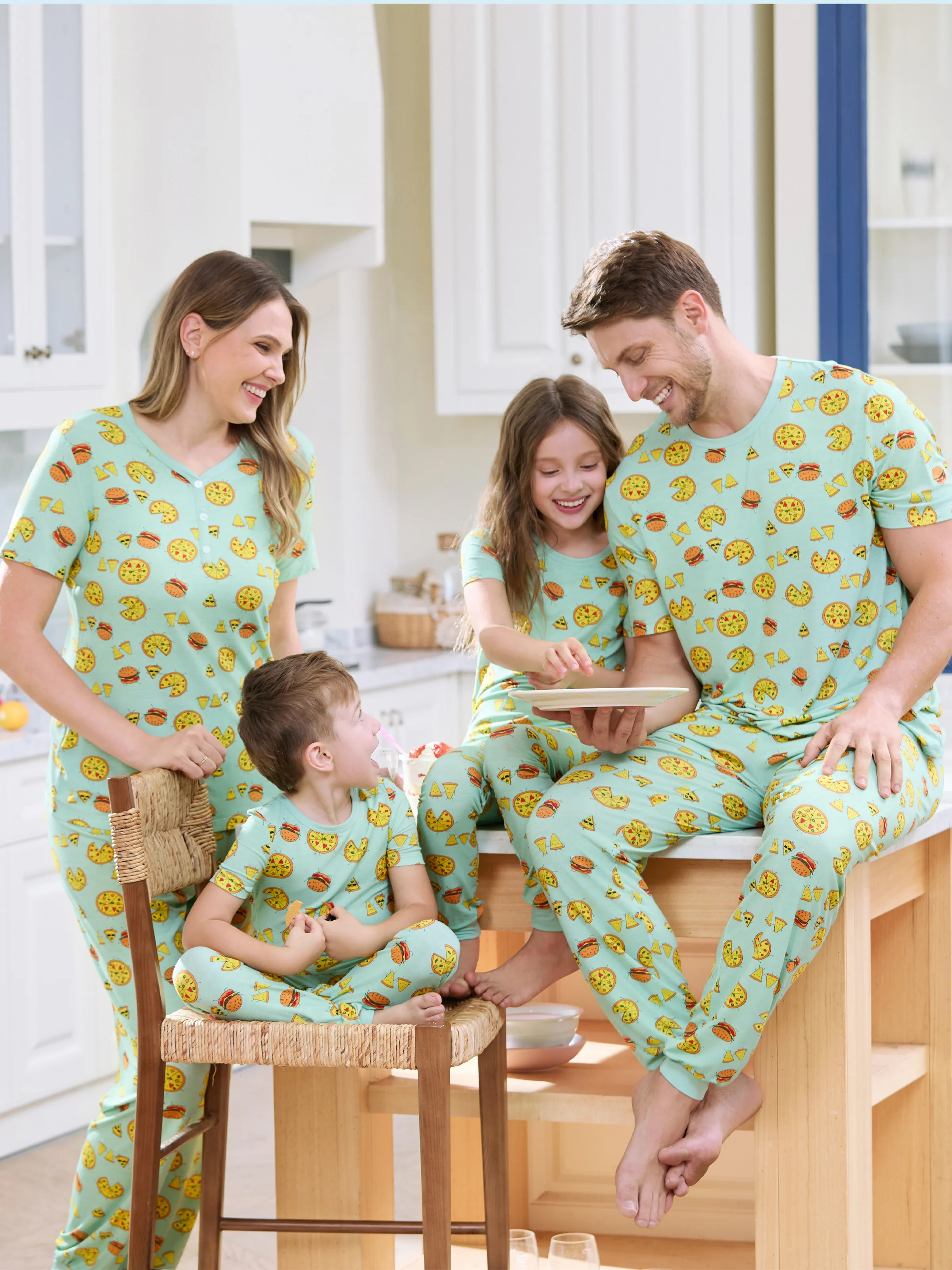 Mommy & me Bamboo Family Mint Green PJs Cute Cartoon Food Theme Print Short Sleeve & Long Pants Sleepwear Matching Pajama set (Snug-Fitting for Children) Light Blue - Image 2
