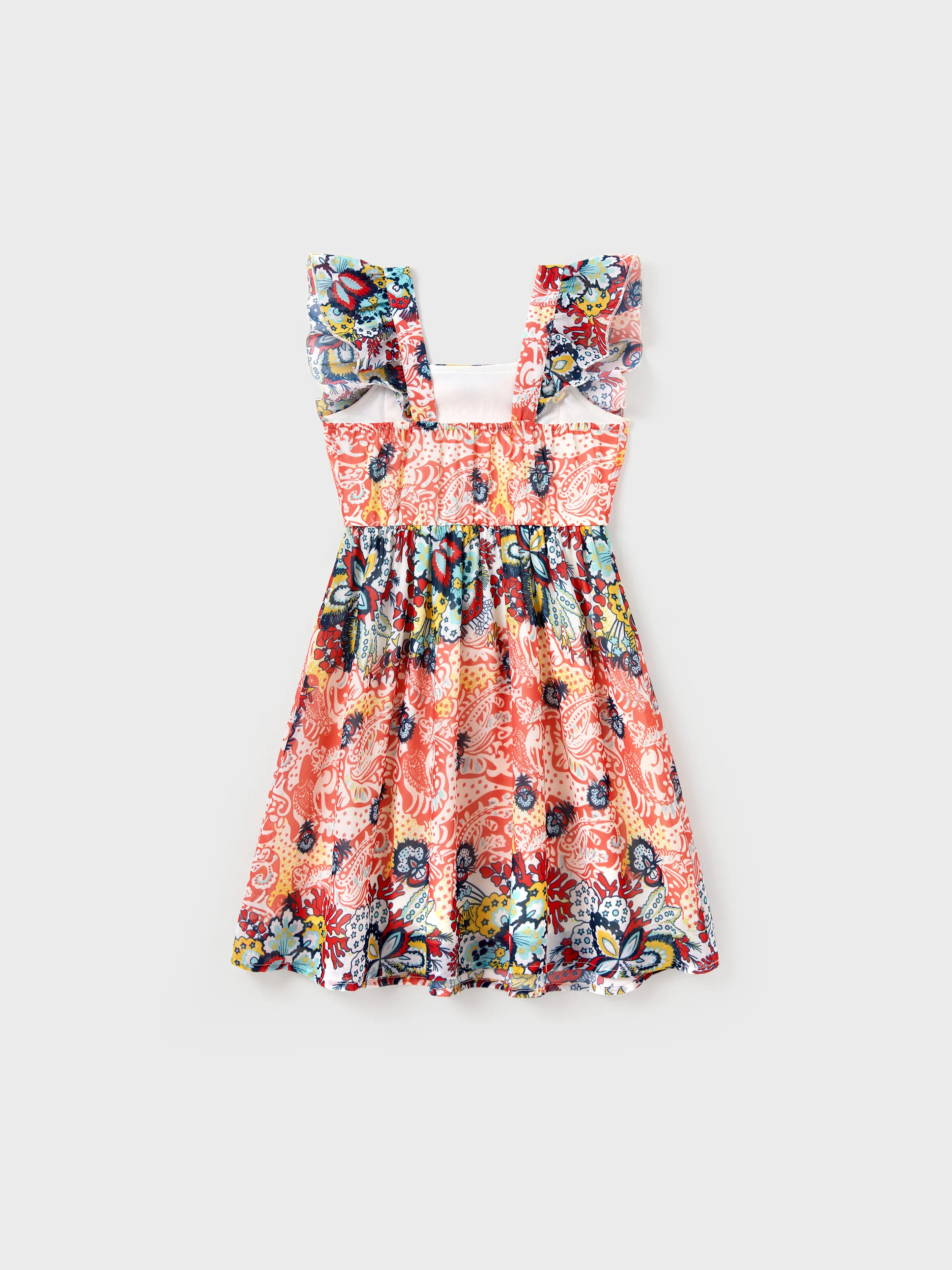 Mommy & me Casual Outfit Colorblock Polo Collar T-shirt or Floral Print Flutter Sleeveless Dress Set Orange red - Image 9