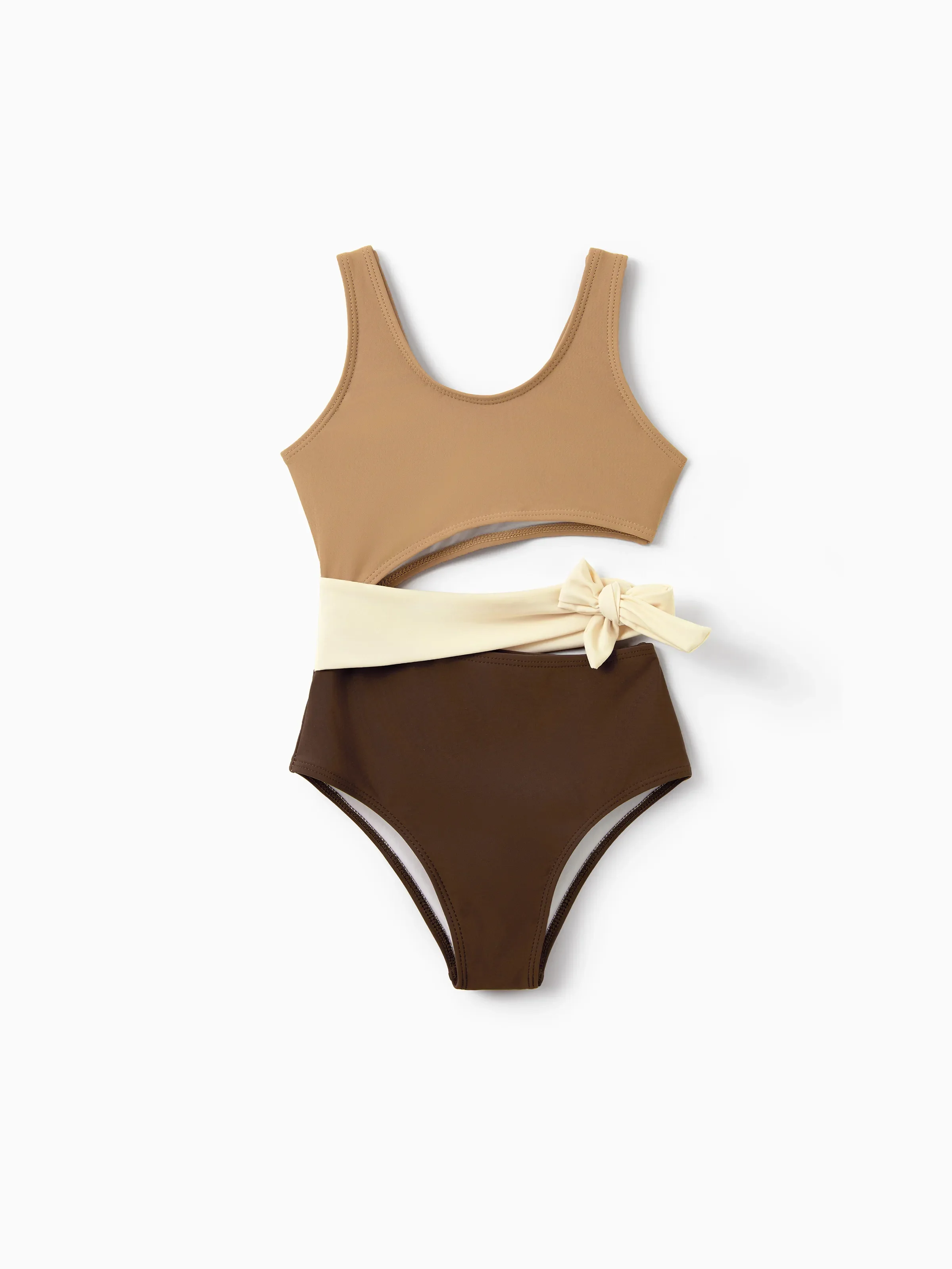 Mommy & me Color Block Swimsuits, Mommy and Me One-Shoulder Cutout Bikini Set Summer Beach Vacation Swimwear Coffee - Image 7