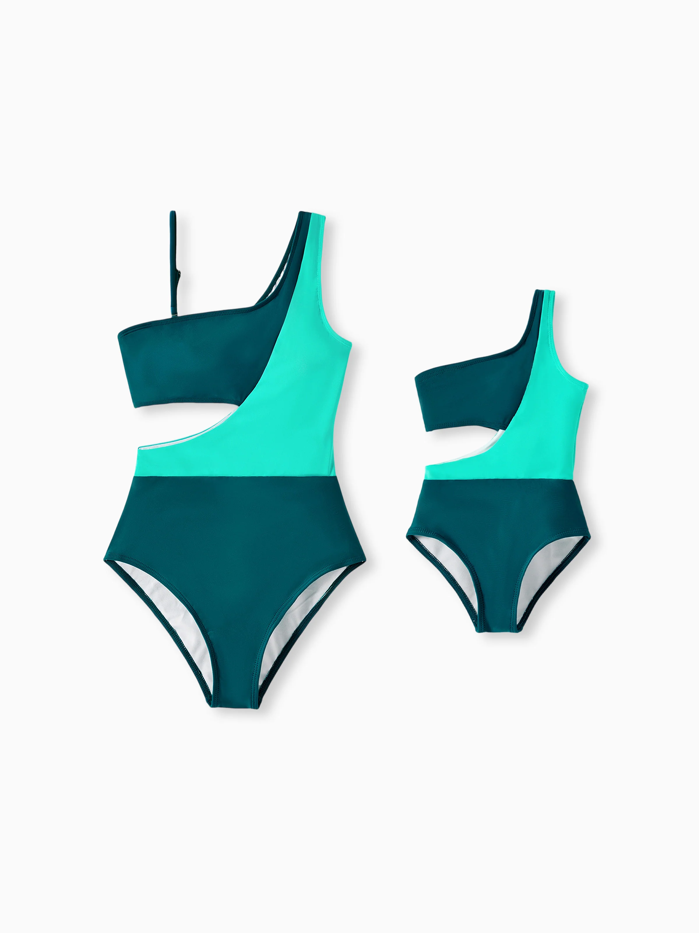 Mommy & me Colorblock One Shoulder Cut Out One-piece Swimsuit DeepTurquoise